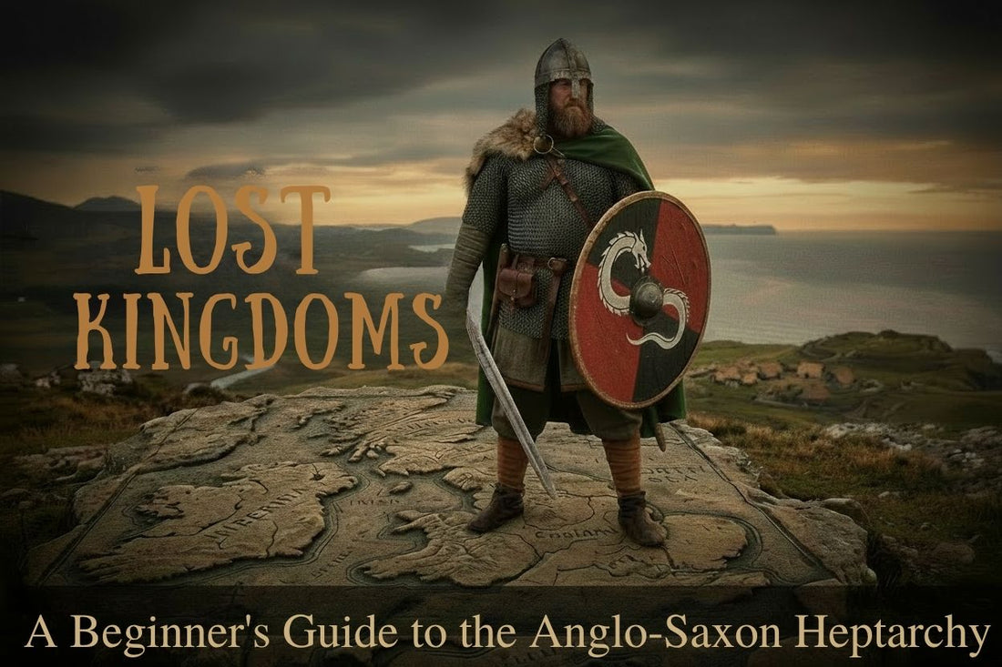 A Saxon warrior standing on a carved stone map of the British Isles — Lost Kingdoms: A Beginner's Guide to the Anglo-Saxon Heptarchy