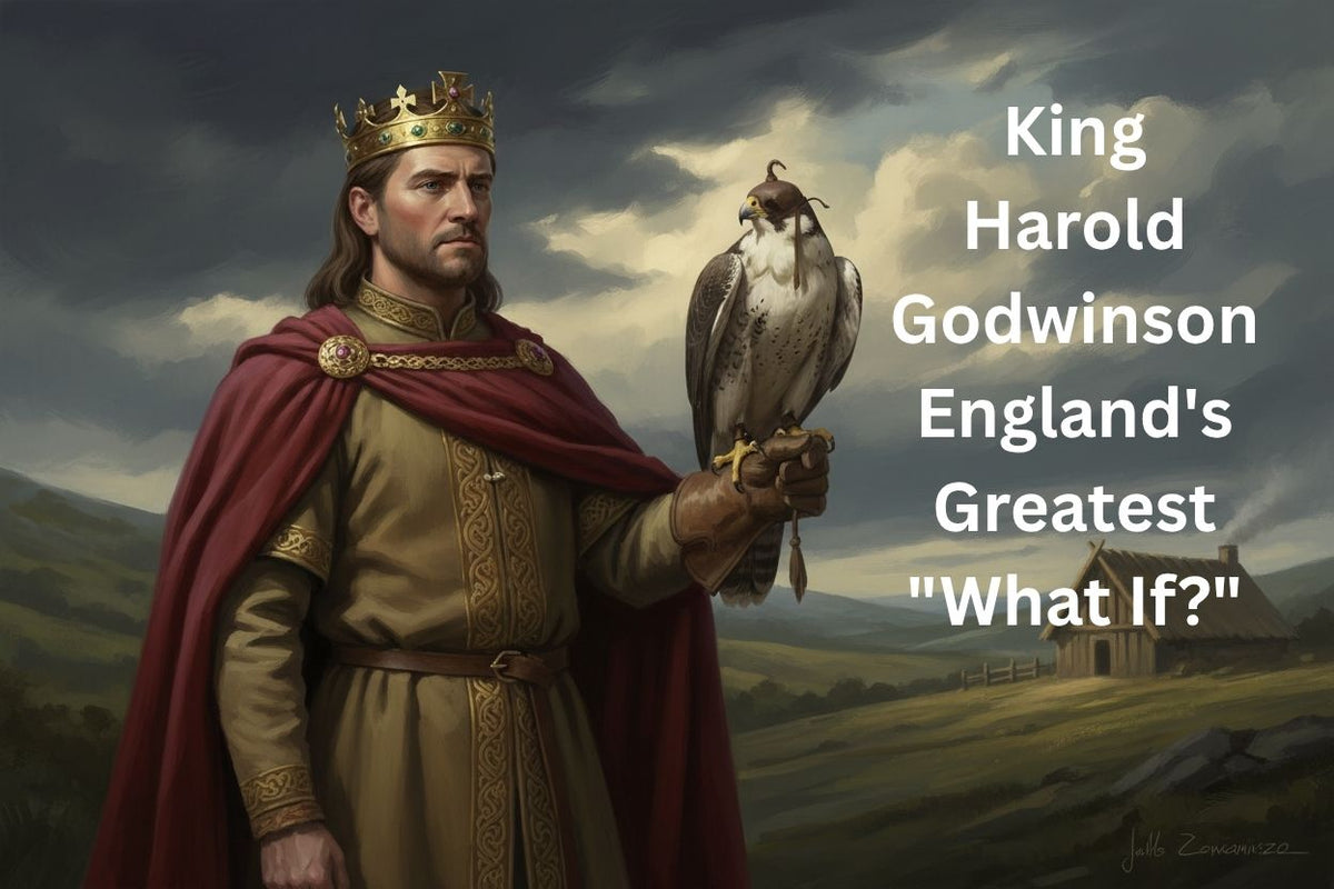 King Harold Godwinson in Saxon crown and crimson cloak, holding a falcon — England's Greatest What If, 1066