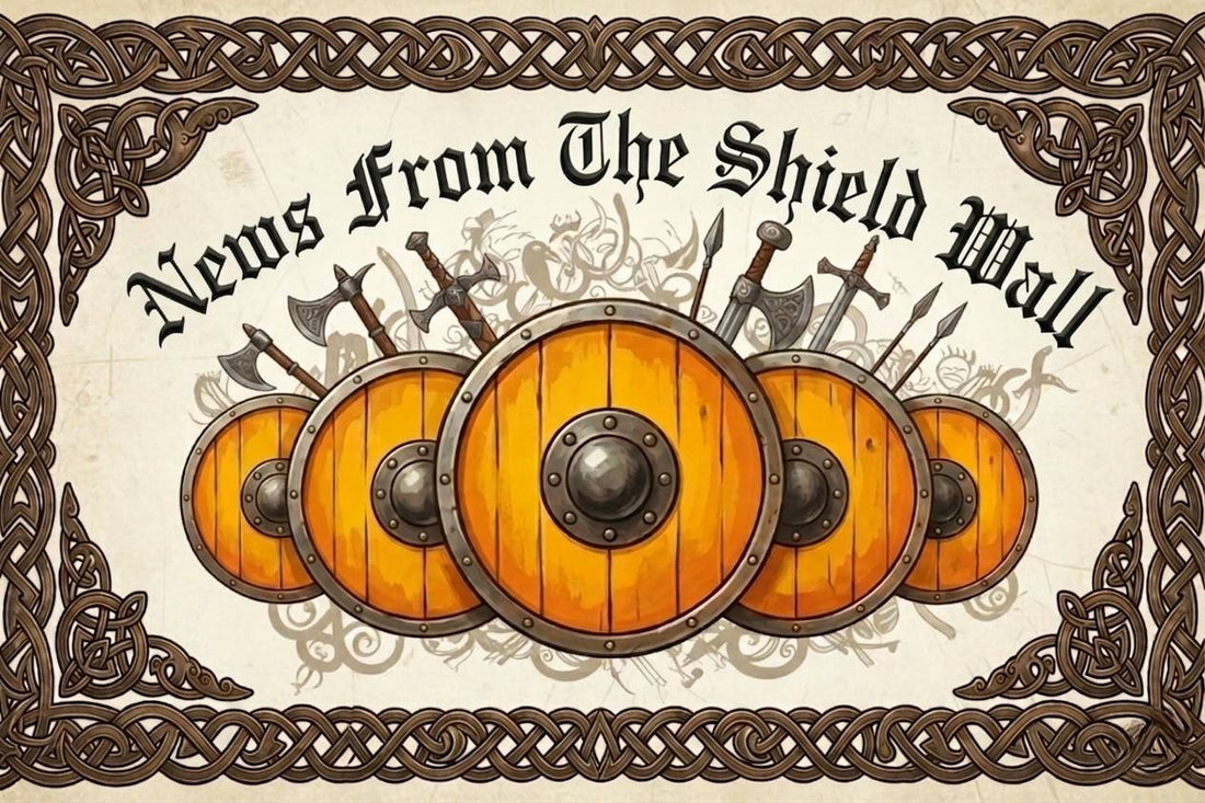 Viking and Anglo-Saxon heritage apparel from The Shield Wall — made-to-order t-shirts and sweaters featuring runic designs, Norse mythology, and warrior aesthetics
