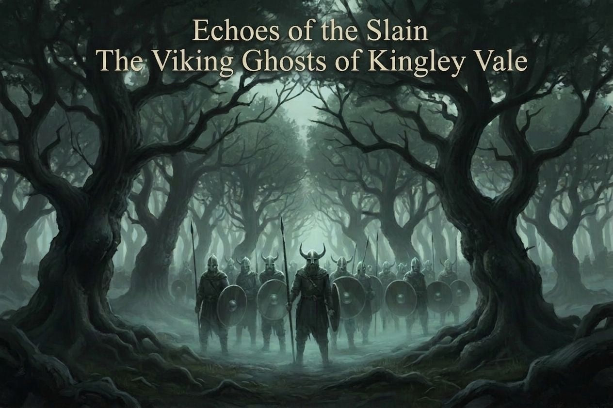 Ghostly Viking warriors standing in a shield wall among ancient dark yew trees in the misty forest of Kingley Vale