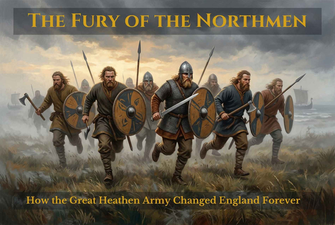 Illustration of Viking raiders running into battle with round shields and spears, representing the Great Heathen Army in England.