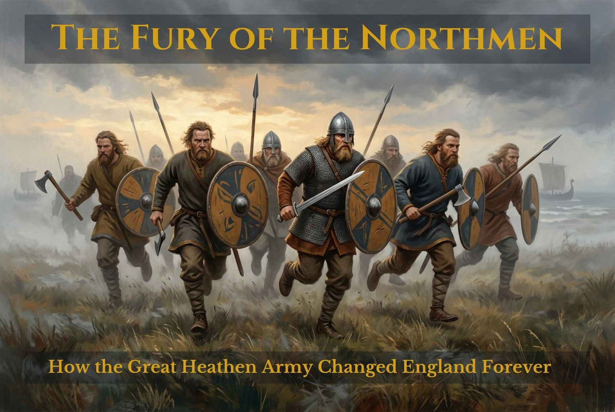 Illustration of Viking raiders running into battle with round shields and spears, representing the Great Heathen Army in England.
