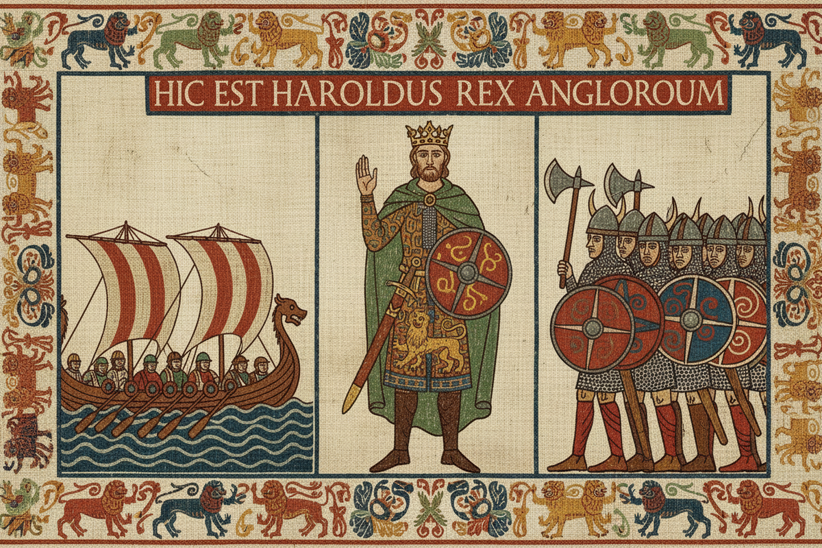 Bayeux Tapestry style illustration showing King Harold II centre, Norman longboats on the left and Viking warriors on the right, with Latin border text HIC EST HAROLDUS REX ANGLORUM — The Shield Wall blog header