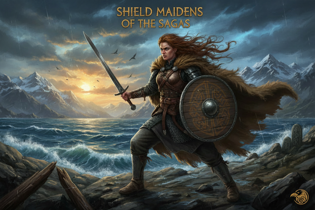 Young blonde woman wearing the Lathgertha Shield Maiden sweatshirt drinking from the Shield Maiden coffee mug | The Shield Wall