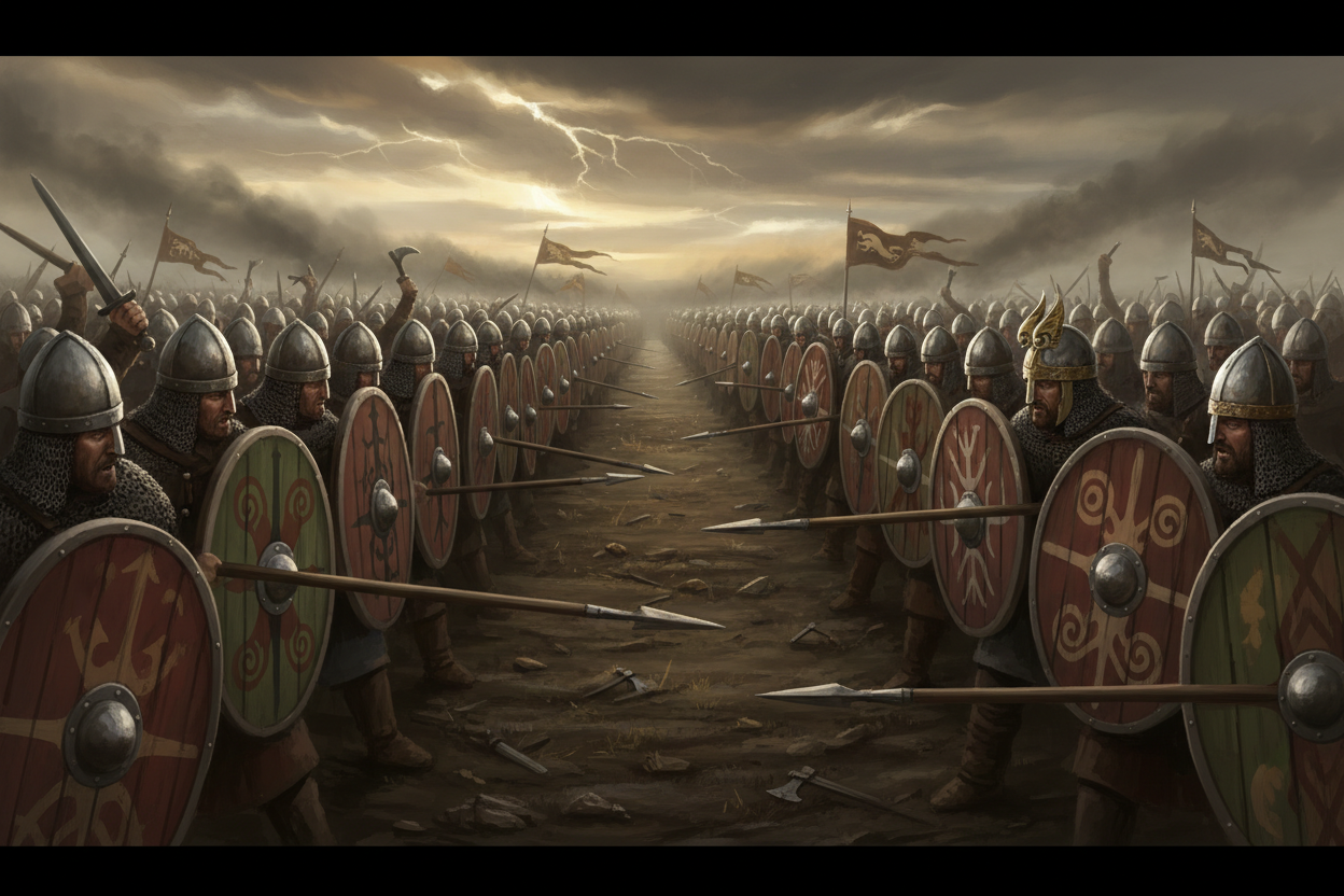 Viking and Anglo-Saxon warriors locked in a shield wall formation, shields overlapping in the Skjaldborg battle line, with spears raised on a dark medieval battlefield