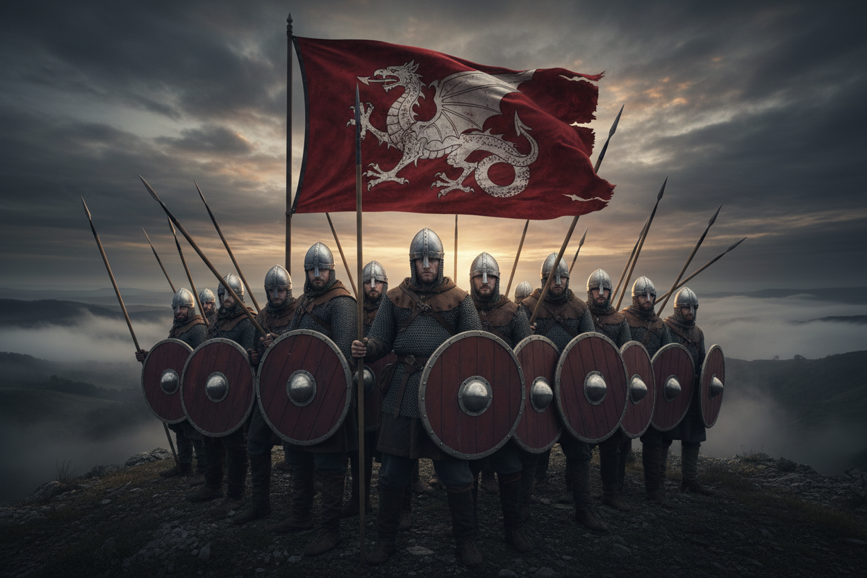 Anglo-Saxon warriors in a shield wall beneath the White Dragon banner — The Shield Wall
