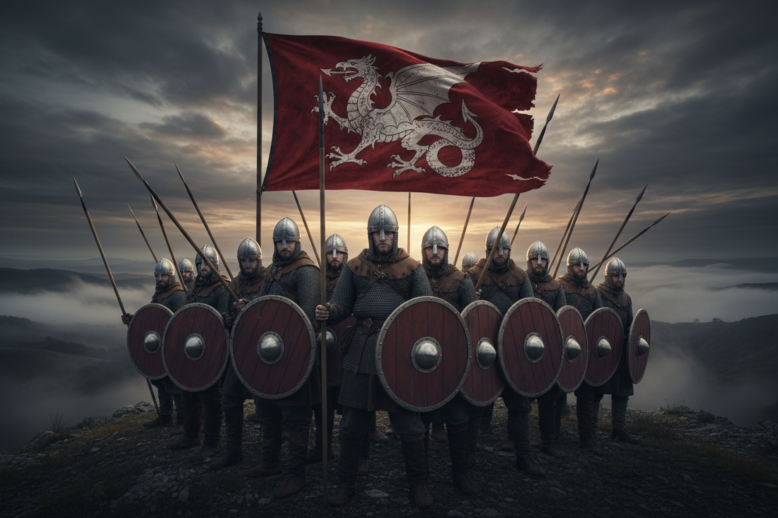 Anglo-Saxon warriors in a shield wall beneath the White Dragon banner — The Shield Wall