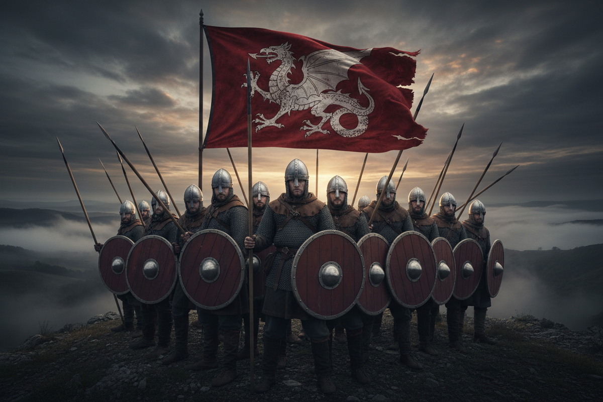 Anglo-Saxon warriors in a shield wall beneath the White Dragon banner — The Shield Wall