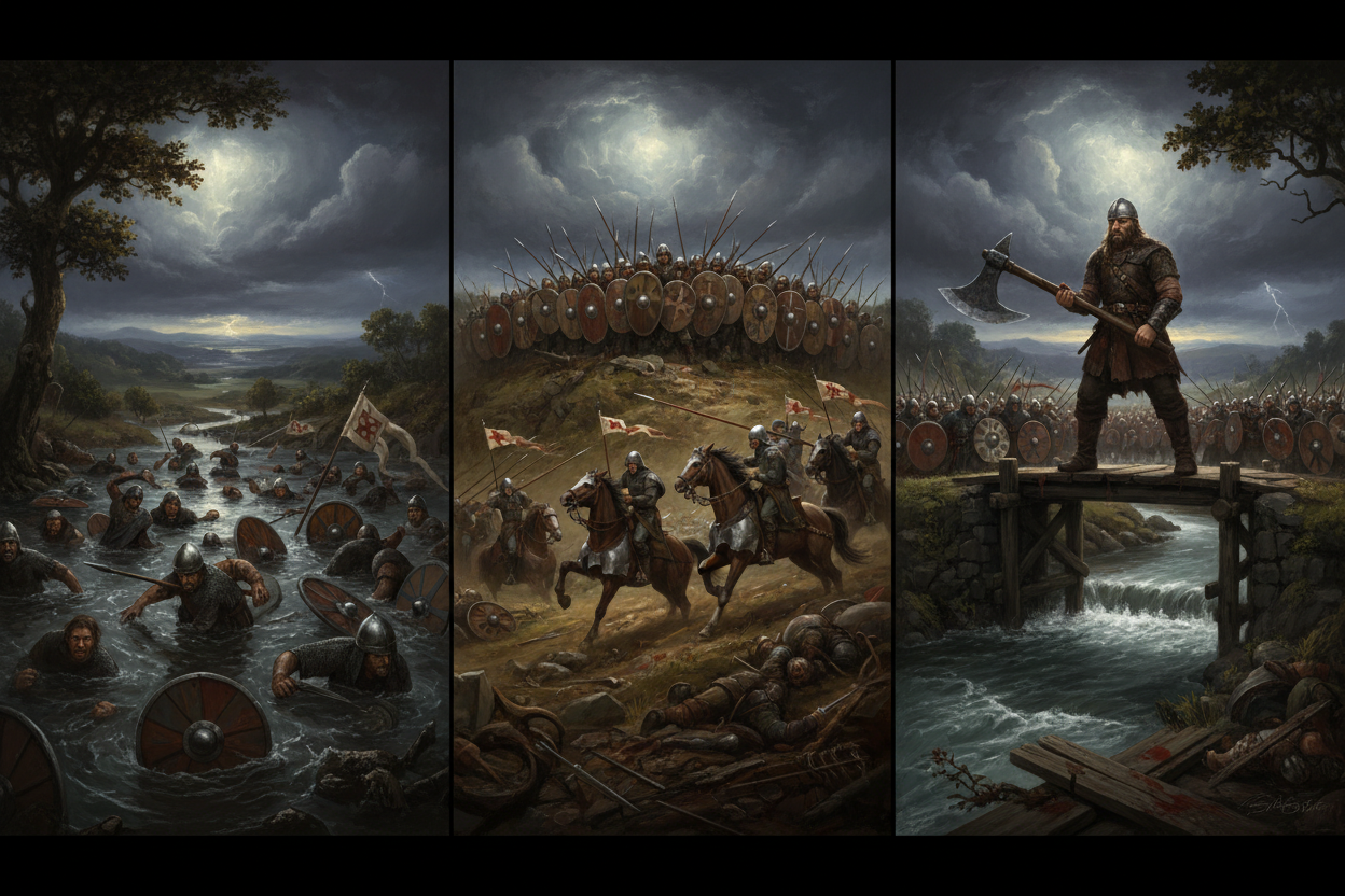 The three battles of 1066 — Anglo-Saxon warriors drowning at the Battle of Fulford Gate, the shield wall at the Battle of Hastings, and the lone Viking axeman holding the bridge at the Battle of Stamford Bridge | The Shield Wall