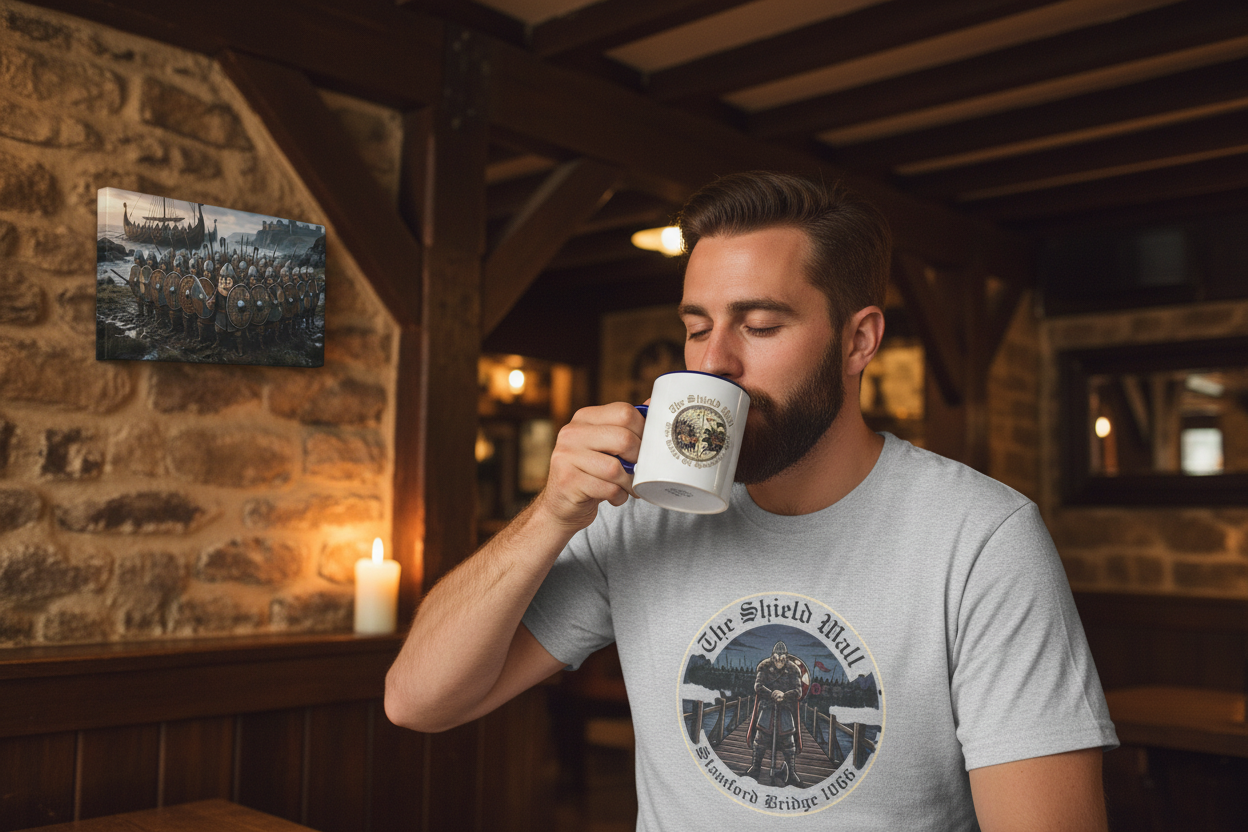 Man wearing The Shield Wall sport grey Stamford Bridge 1066 t-shirt drinking from a Battle of Hastings navy accent mug with Viking Shieldwall caricature canvas print on the wall