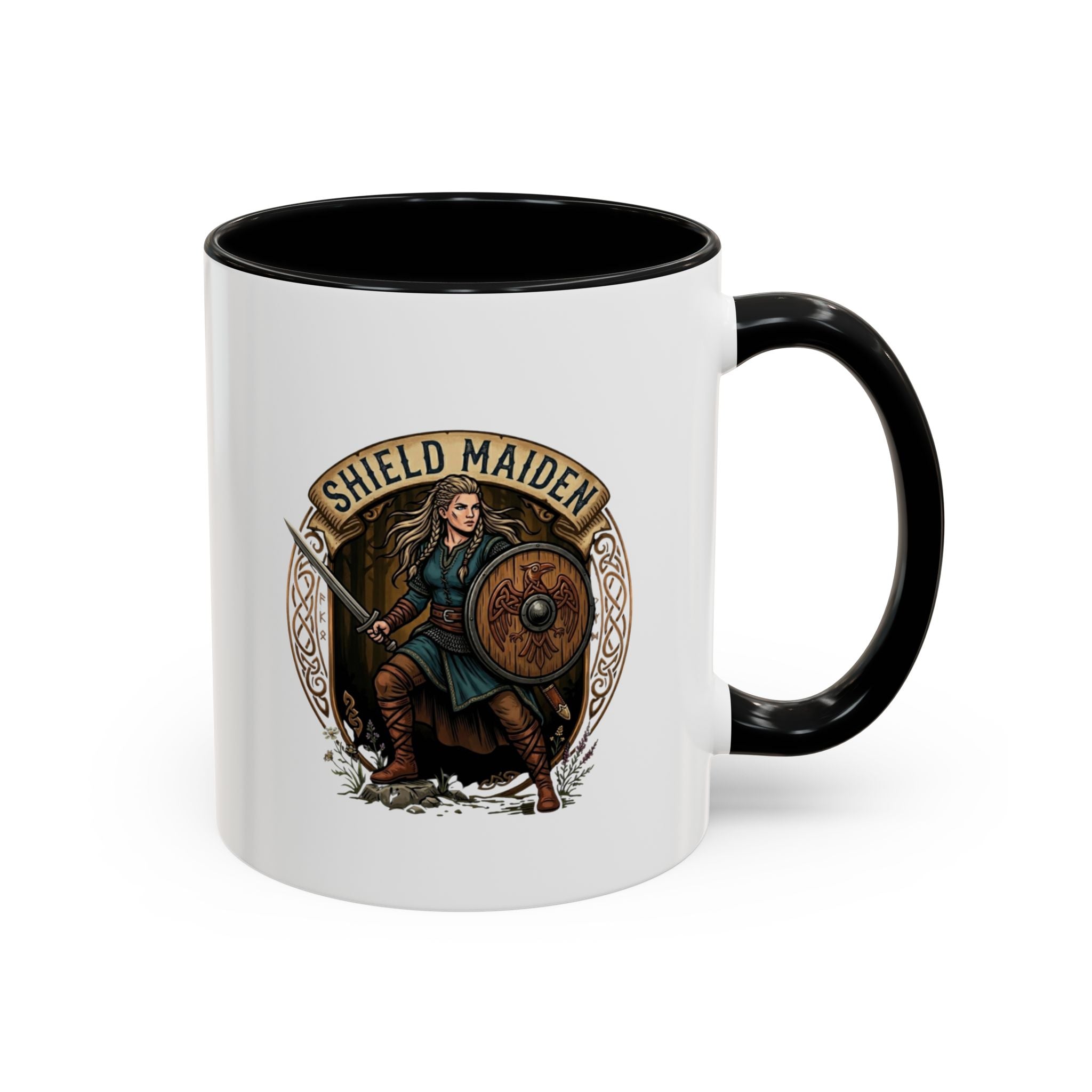 Shield Maiden Coffee Mug | Viking Warrior Shieldmaiden Design | 11oz Accent Mug