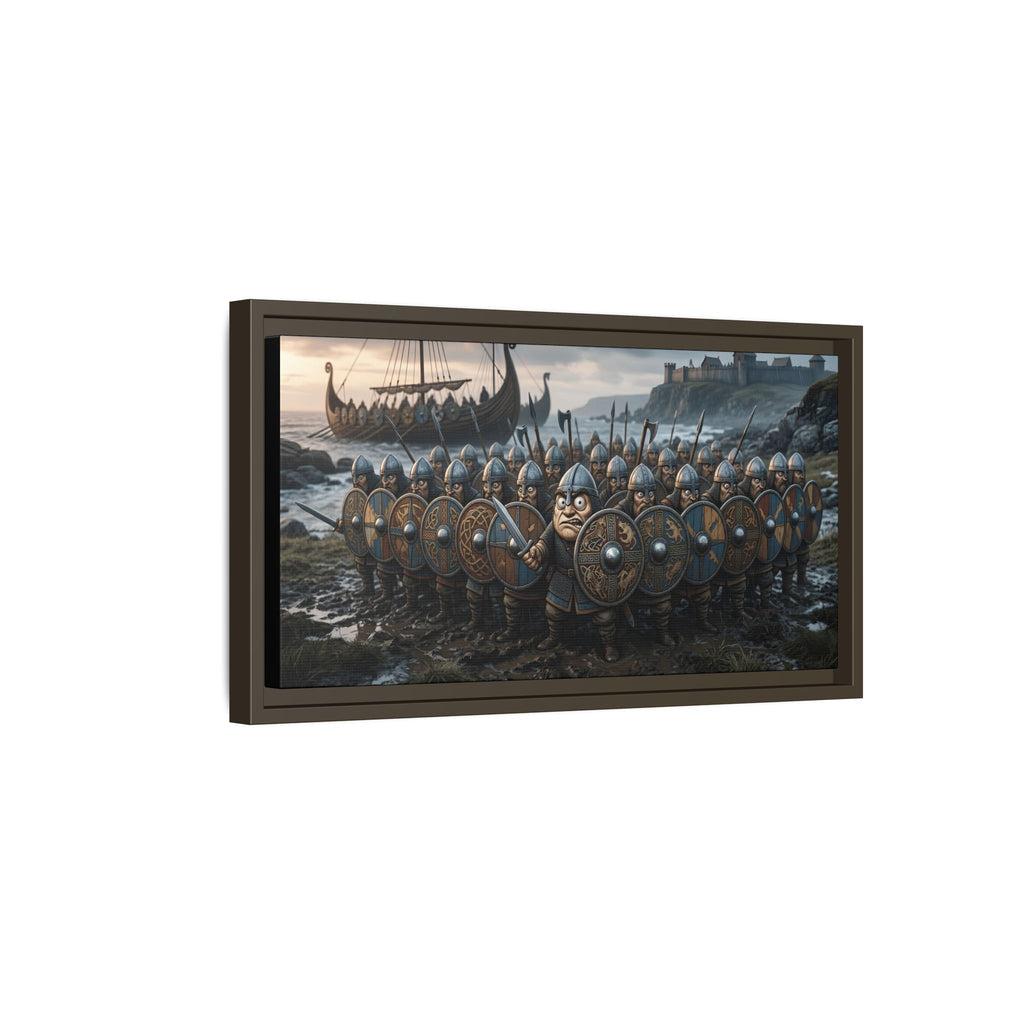 Viking Shieldwall on the Shore — Caricature Framed Canvas Print | Norse Coastal Wall Art