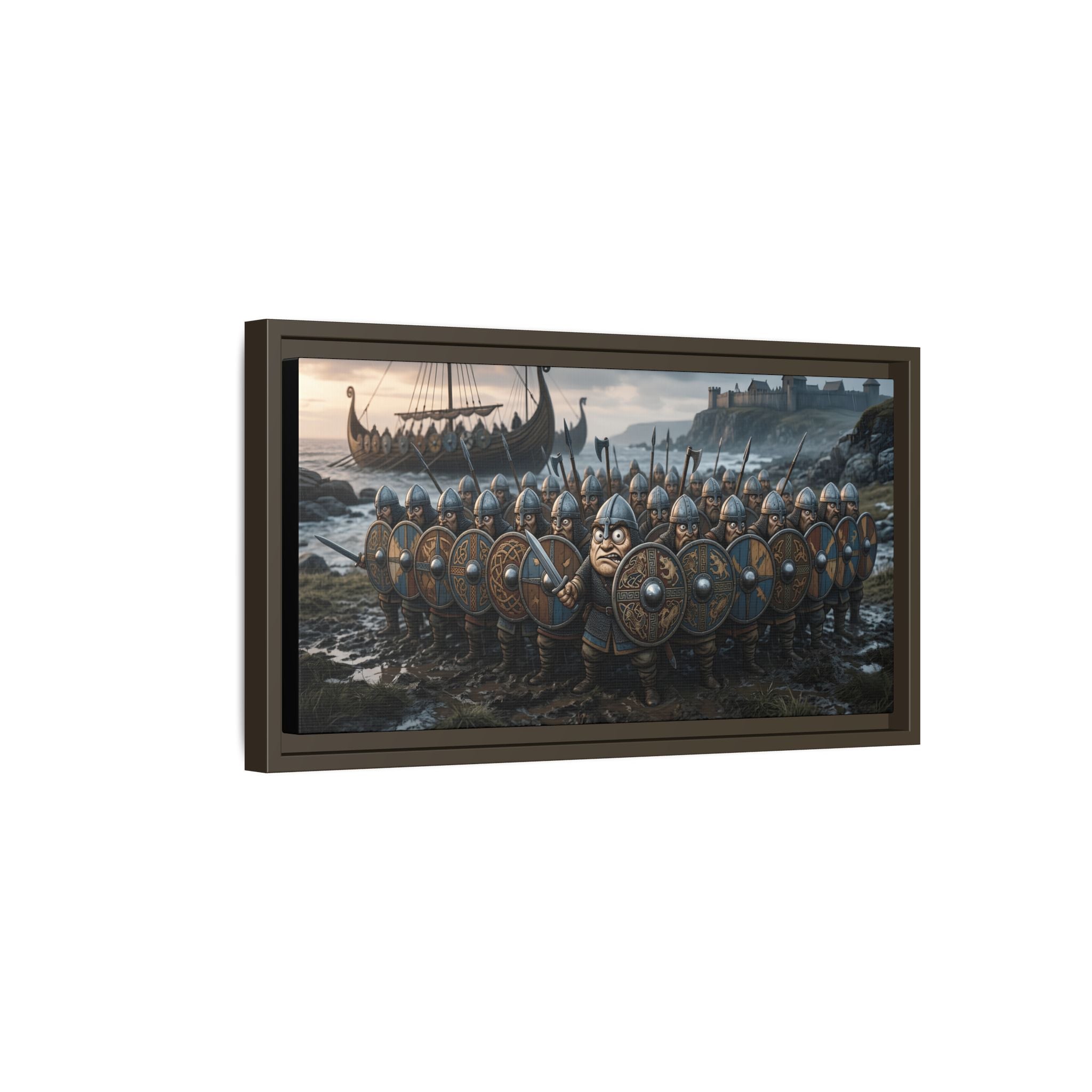 Viking Shieldwall on the Shore — Caricature Framed Canvas Print | Norse Coastal Wall Art