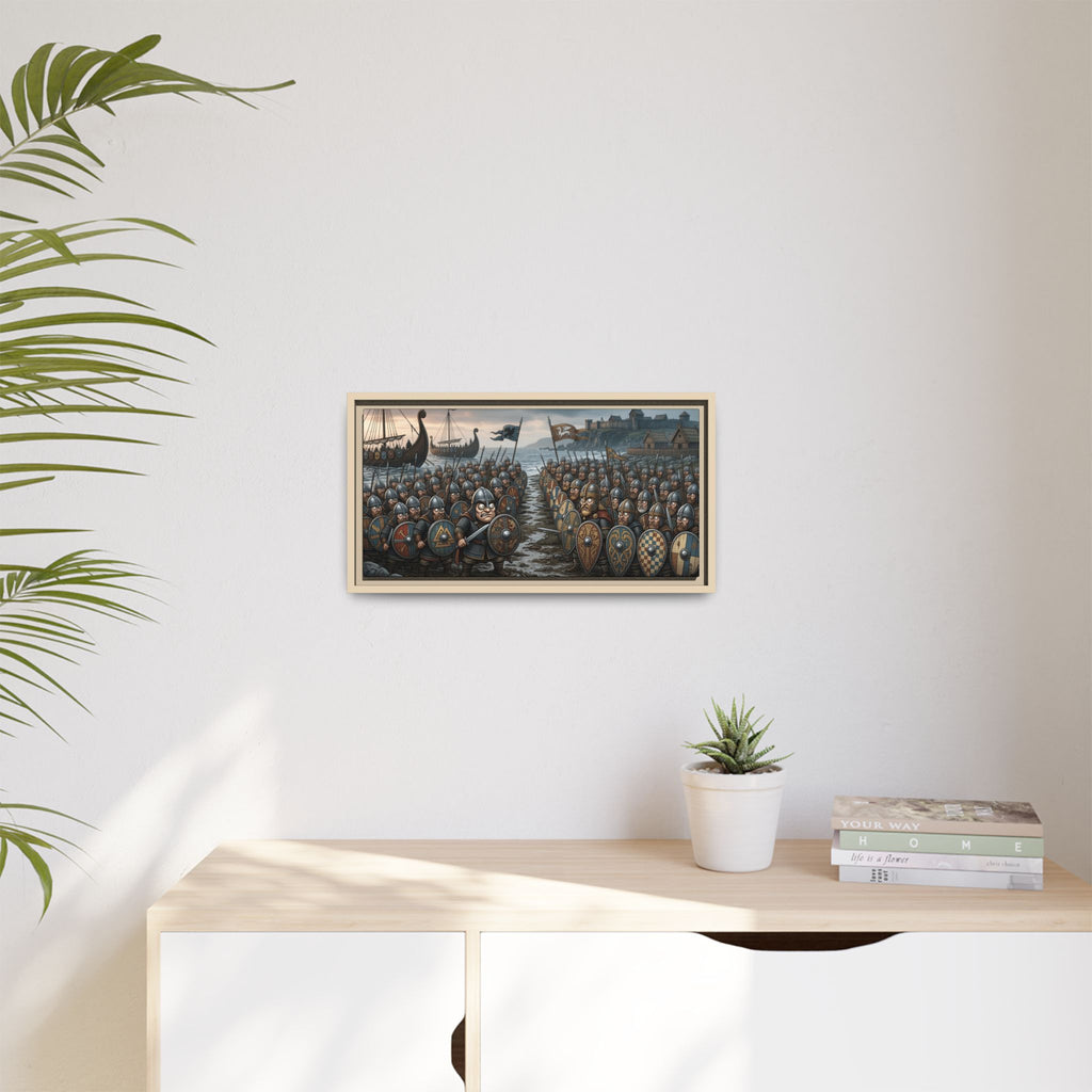 Viking & Saxon Shield Walls Clash on the Shore — Caricature Framed Canvas Print | Norse Battle Wall Art