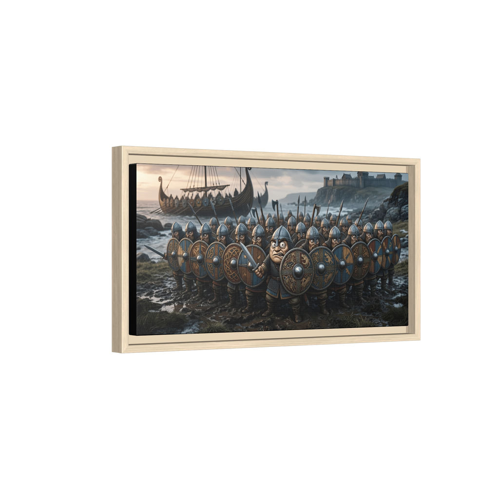 Viking Shieldwall on the Shore — Caricature Framed Canvas Print | Norse Coastal Wall Art