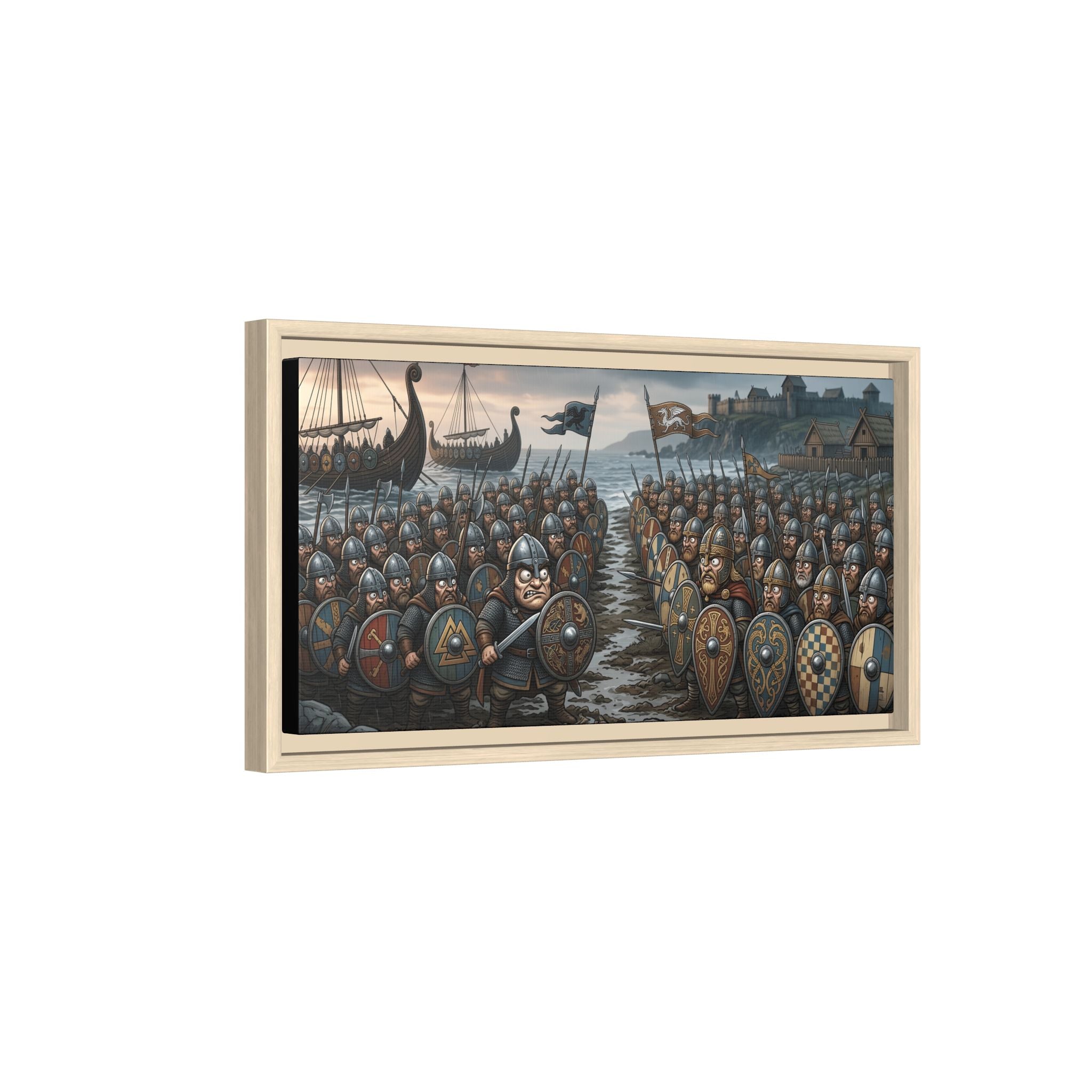 Viking & Saxon Shield Walls Clash on the Shore — Caricature Framed Canvas Print | Norse Battle Wall Art