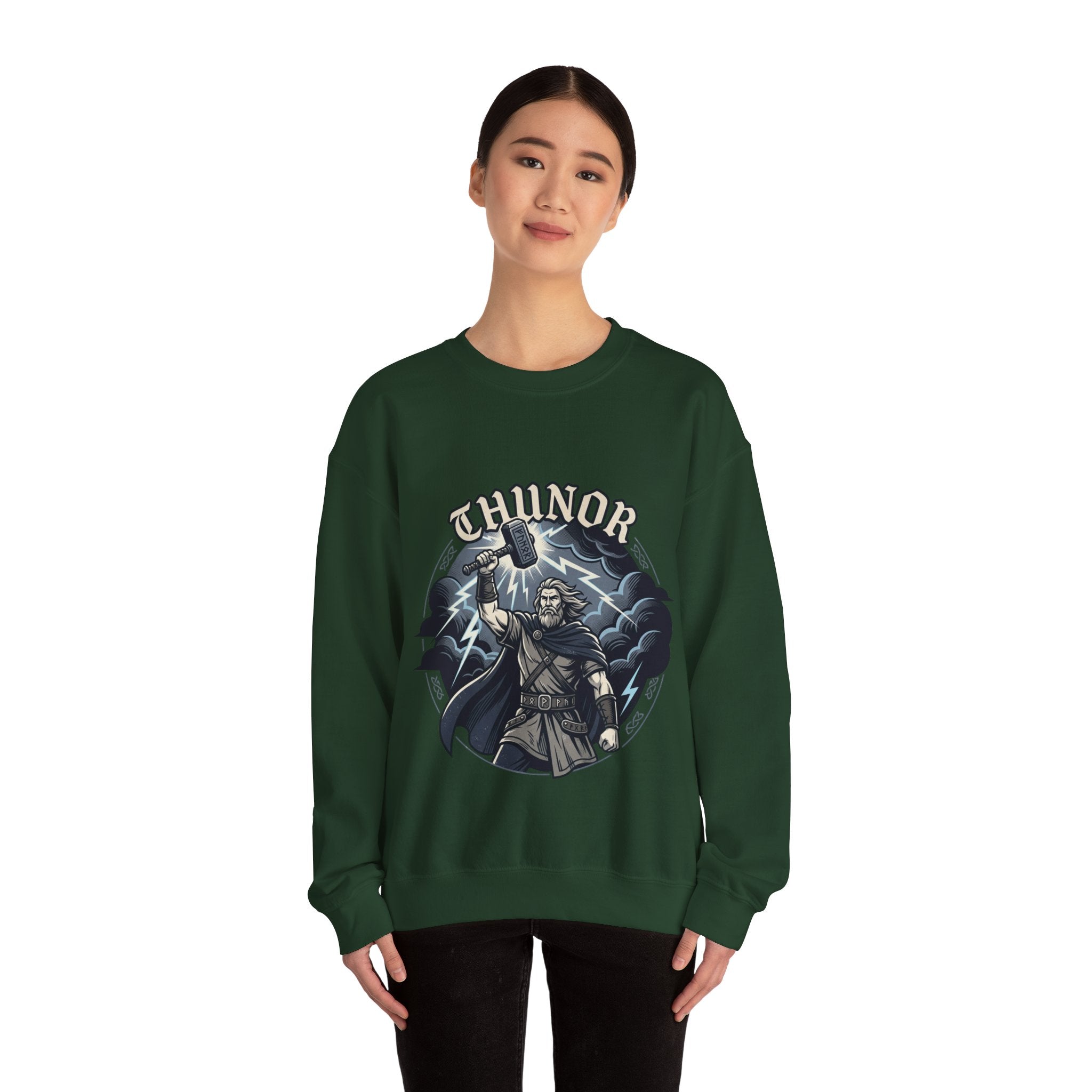 Thunor 'The Thunderer' Crewneck Sweatshirt — Anglo-Saxon God of Thunder Graphic