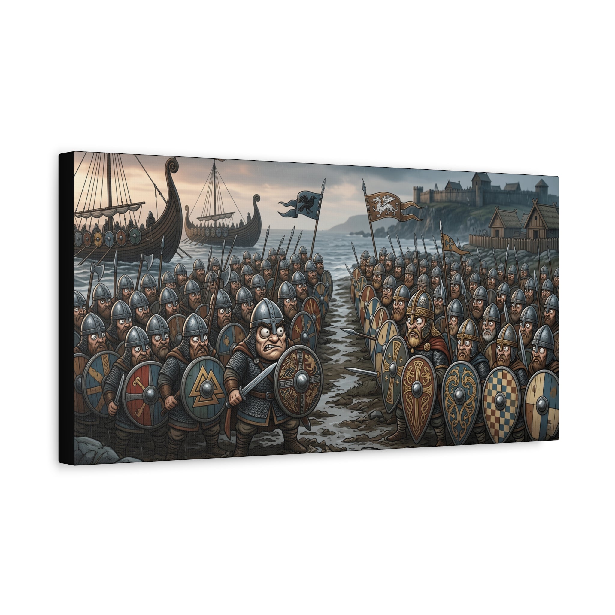 Viking & Saxon Shield Walls Clash on the Shore — Caricature Matte Canvas Print | Norse Coastal Battle Wall Art