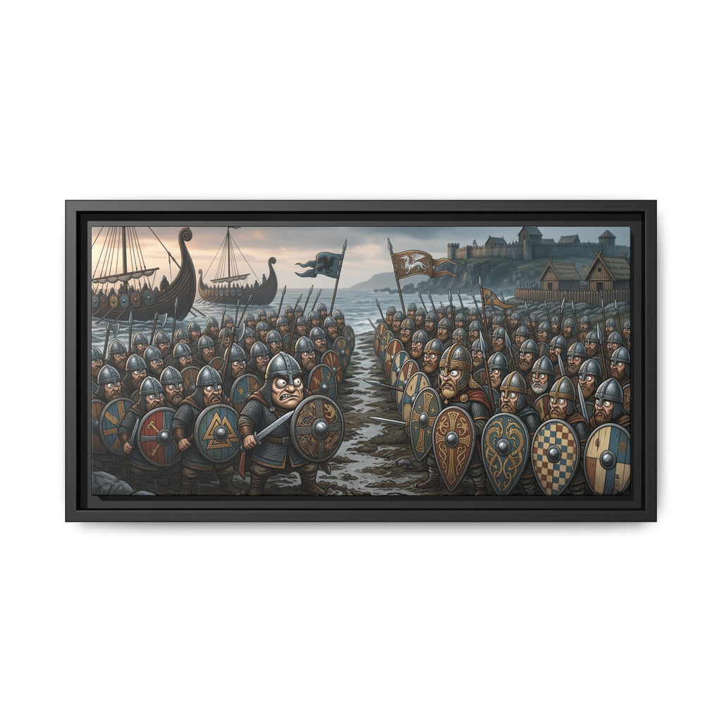 Viking & Saxon Shield Walls Clash on the Shore — Caricature Framed Canvas Print | Norse Battle Wall Art