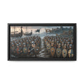 Viking & Saxon Shield Walls Clash on the Shore — Caricature Framed Canvas Print | Norse Battle Wall Art