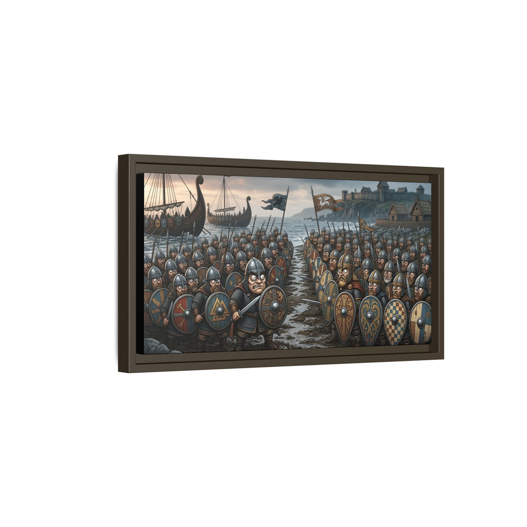 Viking & Saxon Shield Walls Clash on the Shore — Caricature Framed Canvas Print | Norse Battle Wall Art