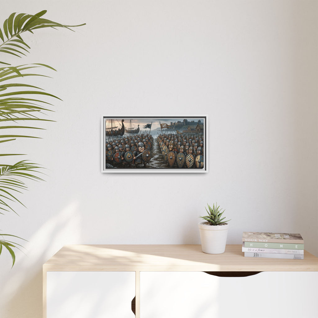 Viking & Saxon Shield Walls Clash on the Shore — Caricature Framed Canvas Print | Norse Battle Wall Art