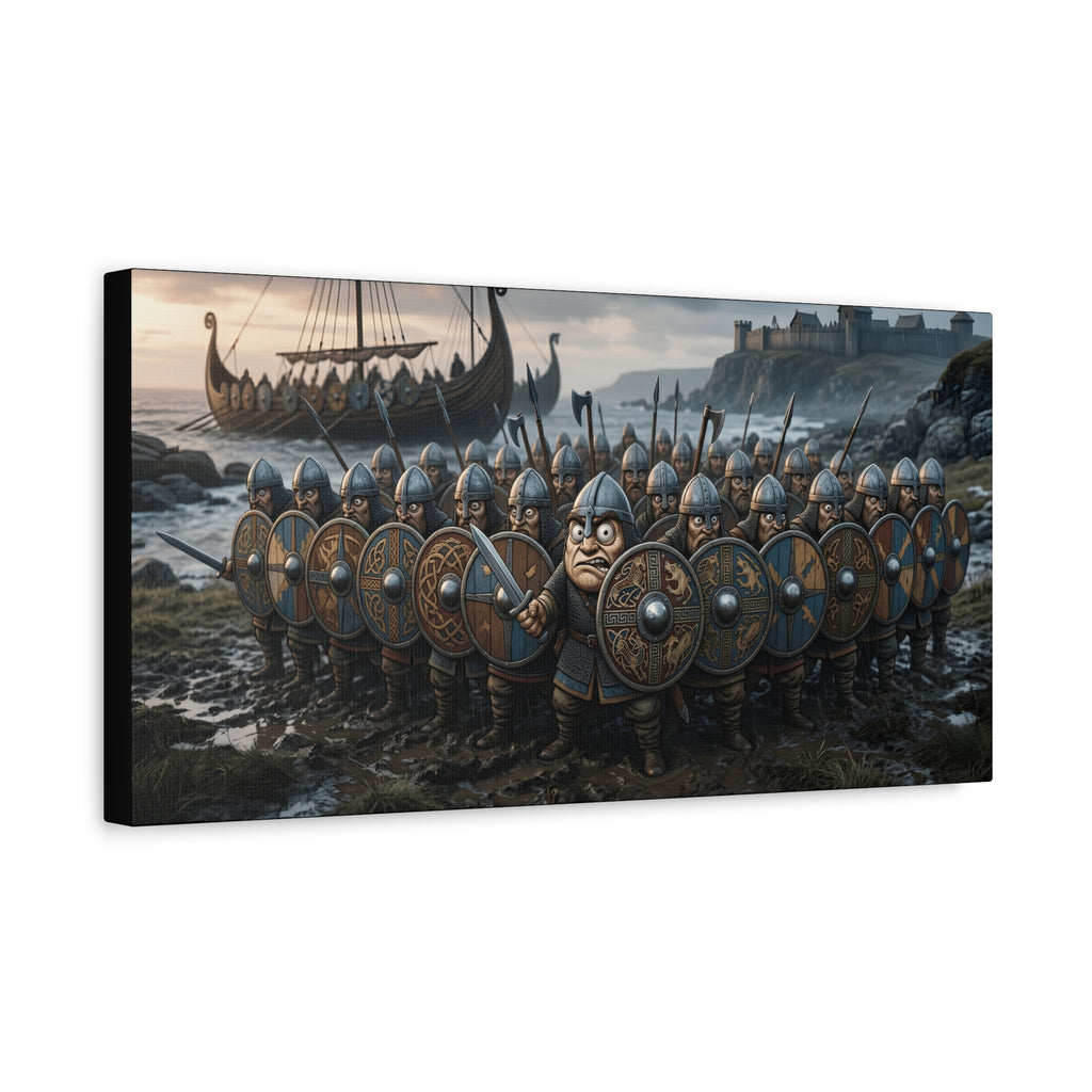 Viking Shieldwall on the Shore — Caricature Canvas Print | Norse Coastal Wall Art