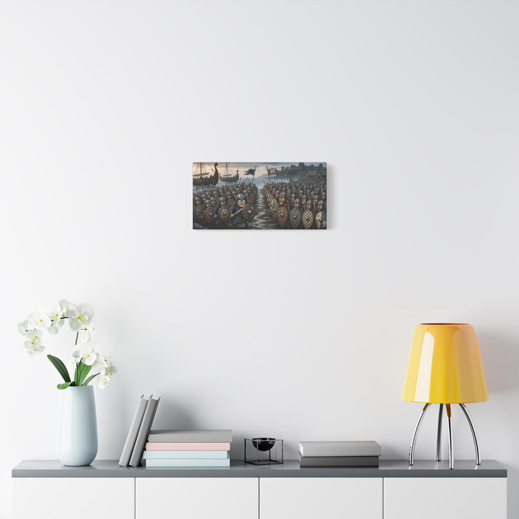 Viking & Saxon Shield Walls Clash on the Shore — Caricature Matte Canvas Print | Norse Coastal Battle Wall Art