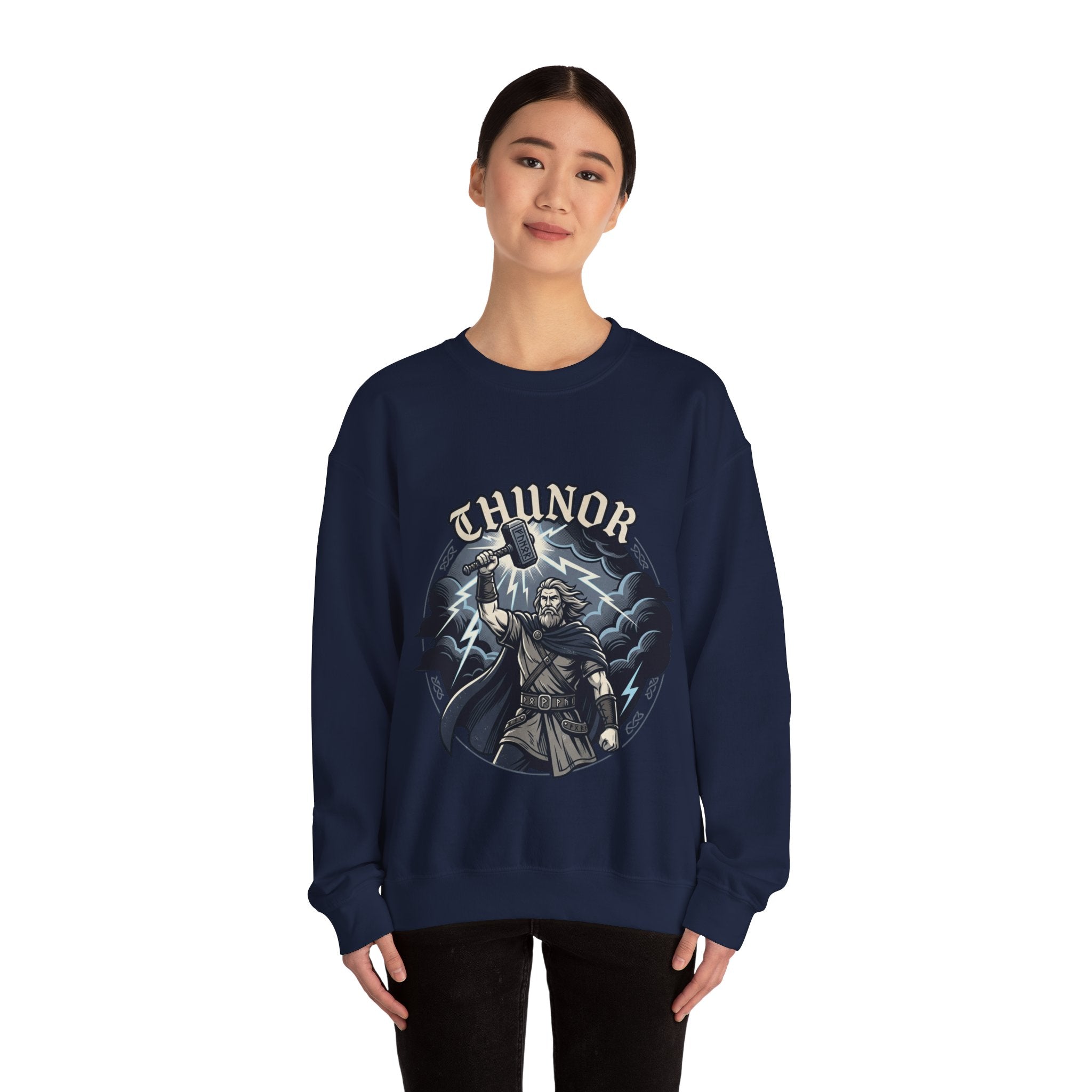 Thunor 'The Thunderer' Crewneck Sweatshirt — Anglo-Saxon God of Thunder Graphic