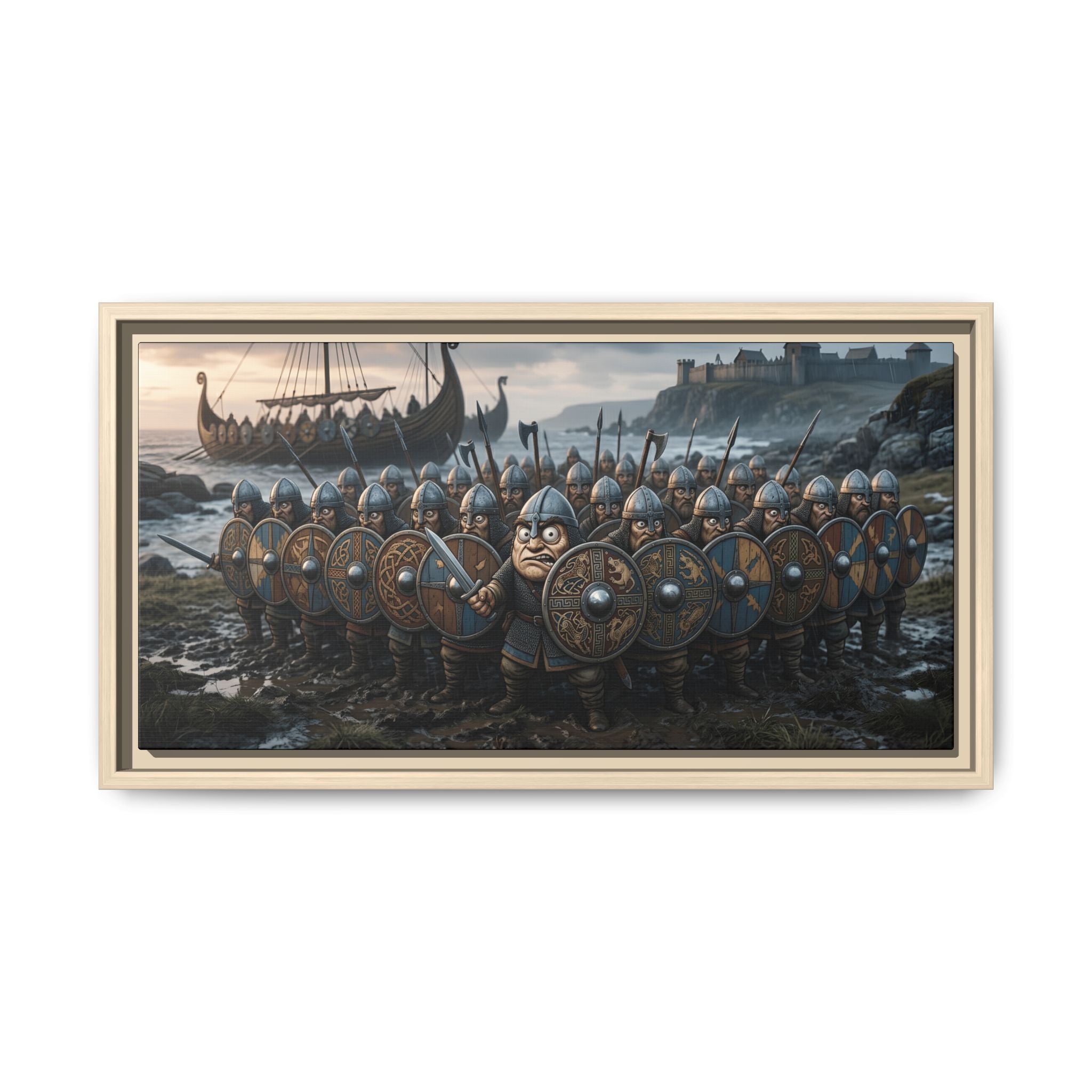 Viking Shieldwall on the Shore — Caricature Framed Canvas Print | Norse Coastal Wall Art