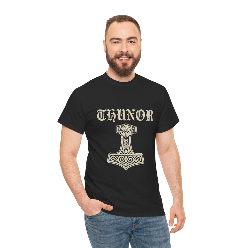 Donar's Club T-Shirt worn by model — Thunor's hammer Anglo-Saxon heritage graphic tee in black by The Shield Wall
