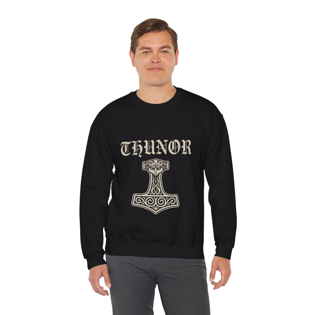Donar's Club Sweatshirt worn by model — Thunor's Hammer Anglo-Saxon heritage crewneck in black by The Shield Wall