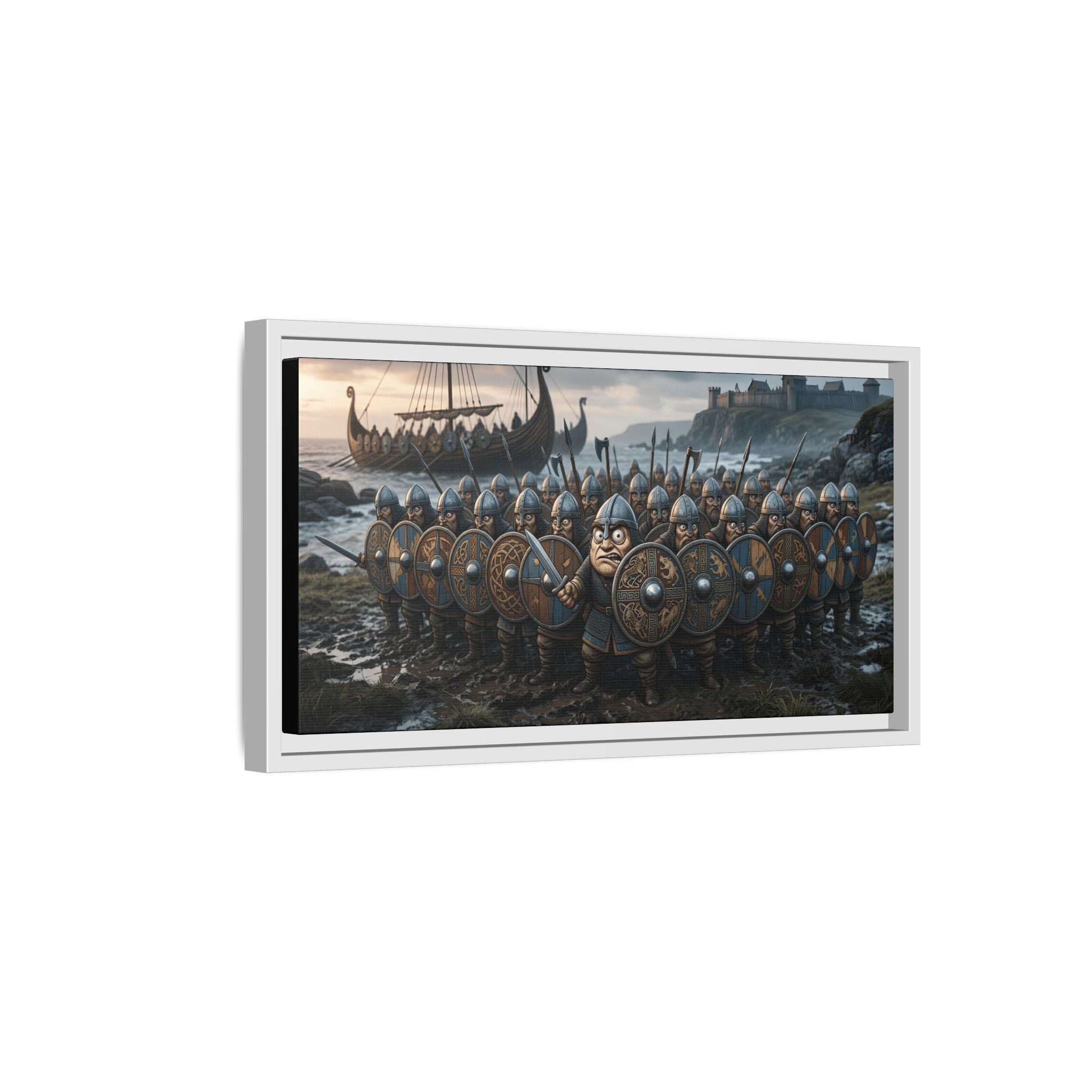 Viking Shieldwall on the Shore — Caricature Framed Canvas Print | Norse Coastal Wall Art