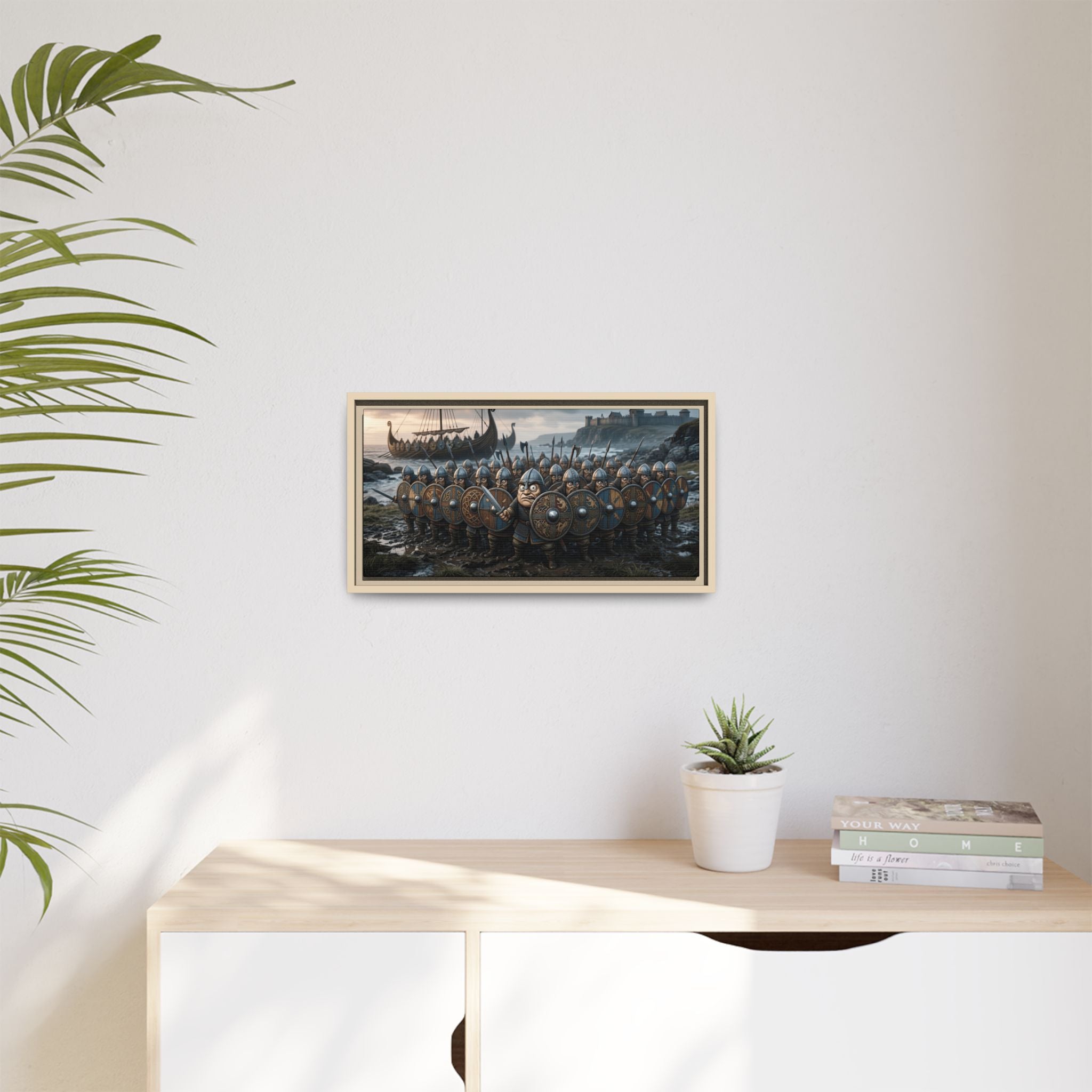 Viking Shieldwall on the Shore — Caricature Framed Canvas Print | Norse Coastal Wall Art