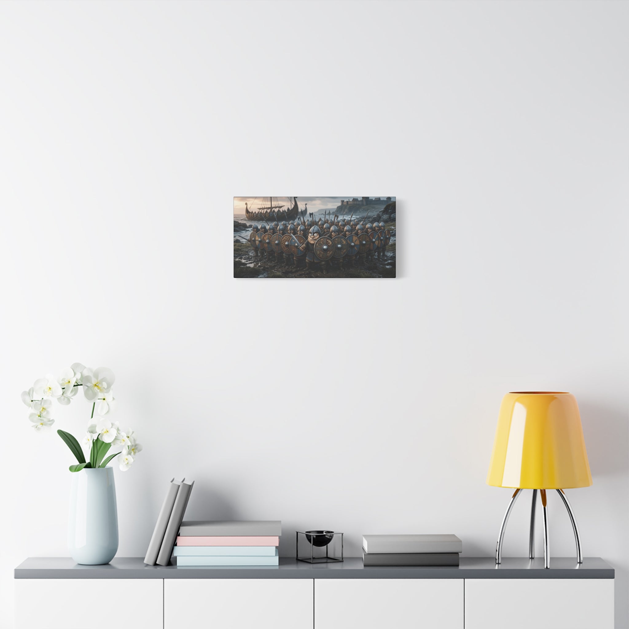 Viking Shieldwall on the Shore — Caricature Canvas Print | Norse Coastal Wall Art