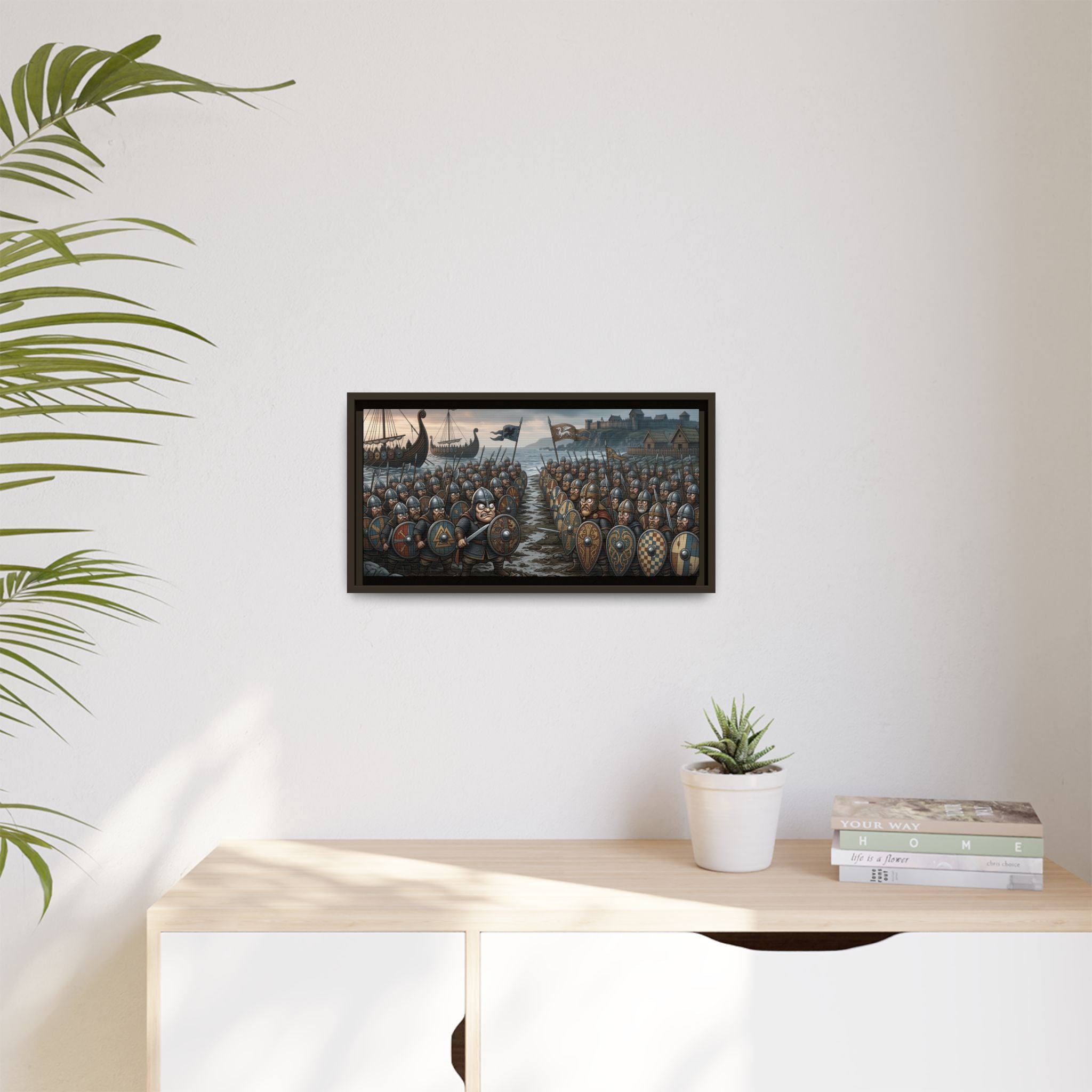 Viking & Saxon Shield Walls Clash on the Shore — Caricature Framed Canvas Print | Norse Battle Wall Art