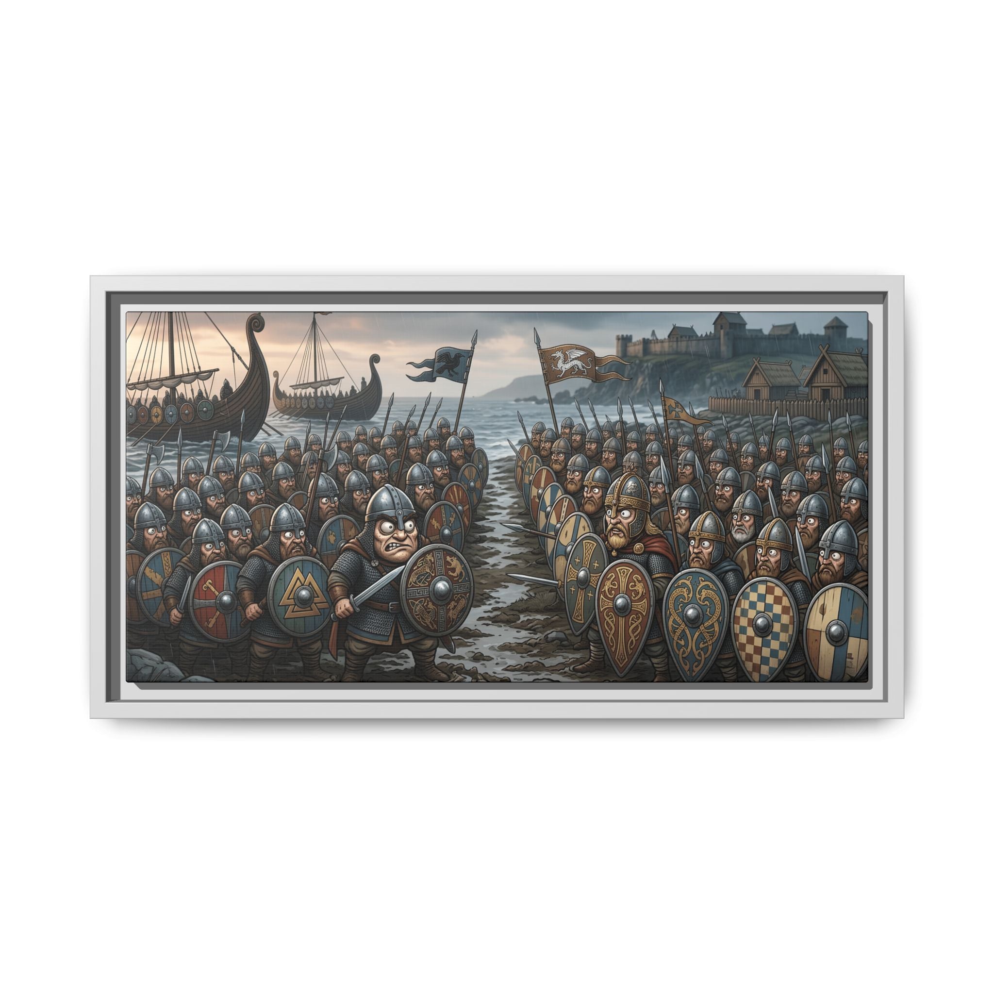 Viking & Saxon Shield Walls Clash on the Shore — Caricature Framed Canvas Print | Norse Battle Wall Art