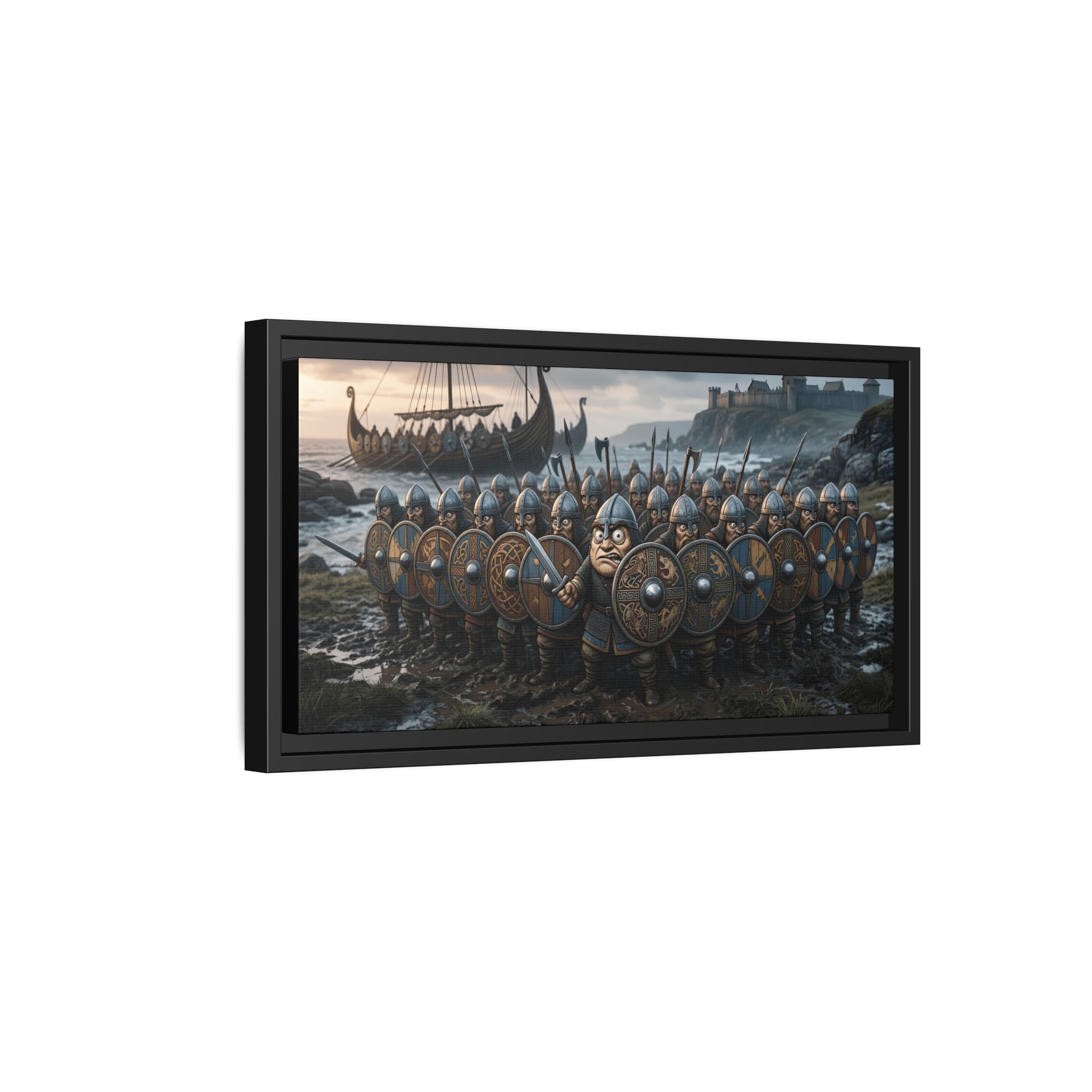 Viking Shieldwall on the Shore — Caricature Framed Canvas Print | Norse Coastal Wall Art