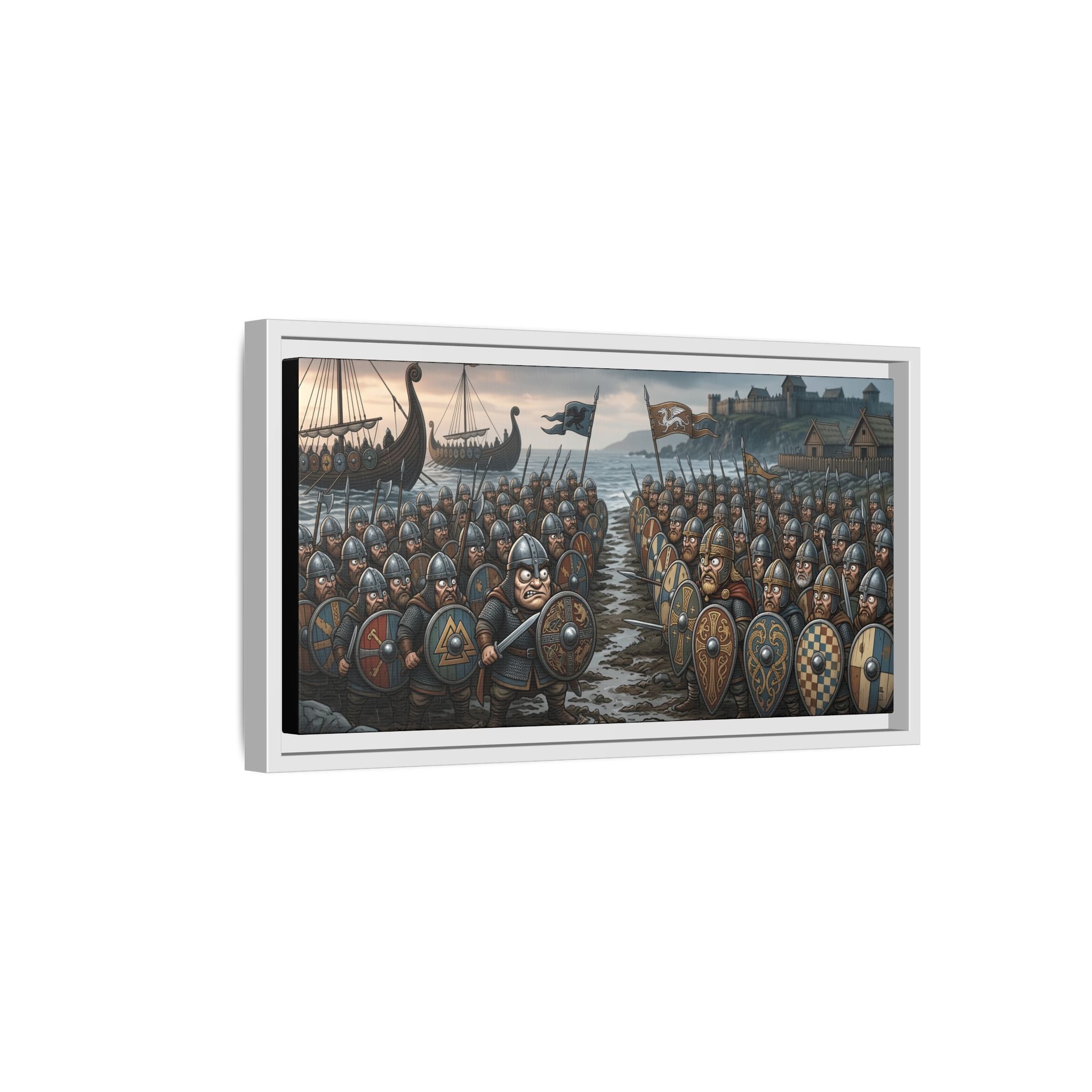 Viking & Saxon Shield Walls Clash on the Shore — Caricature Framed Canvas Print | Norse Battle Wall Art