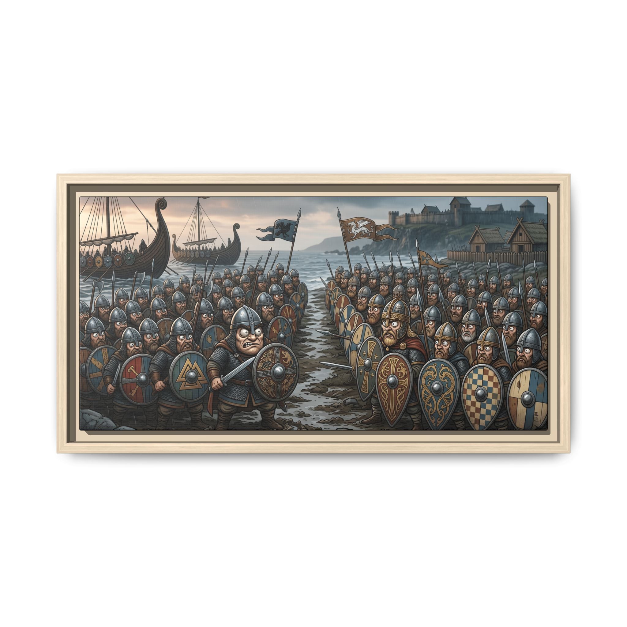 Viking & Saxon Shield Walls Clash on the Shore — Caricature Framed Canvas Print | Norse Battle Wall Art