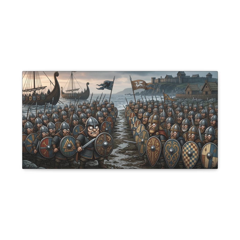 Viking & Saxon Shield Walls Clash on the Shore — Caricature Matte Canvas Print | Norse Coastal Battle Wall Art