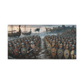 Viking & Saxon Shield Walls Clash on the Shore — Caricature Matte Canvas Print | Norse Coastal Battle Wall Art