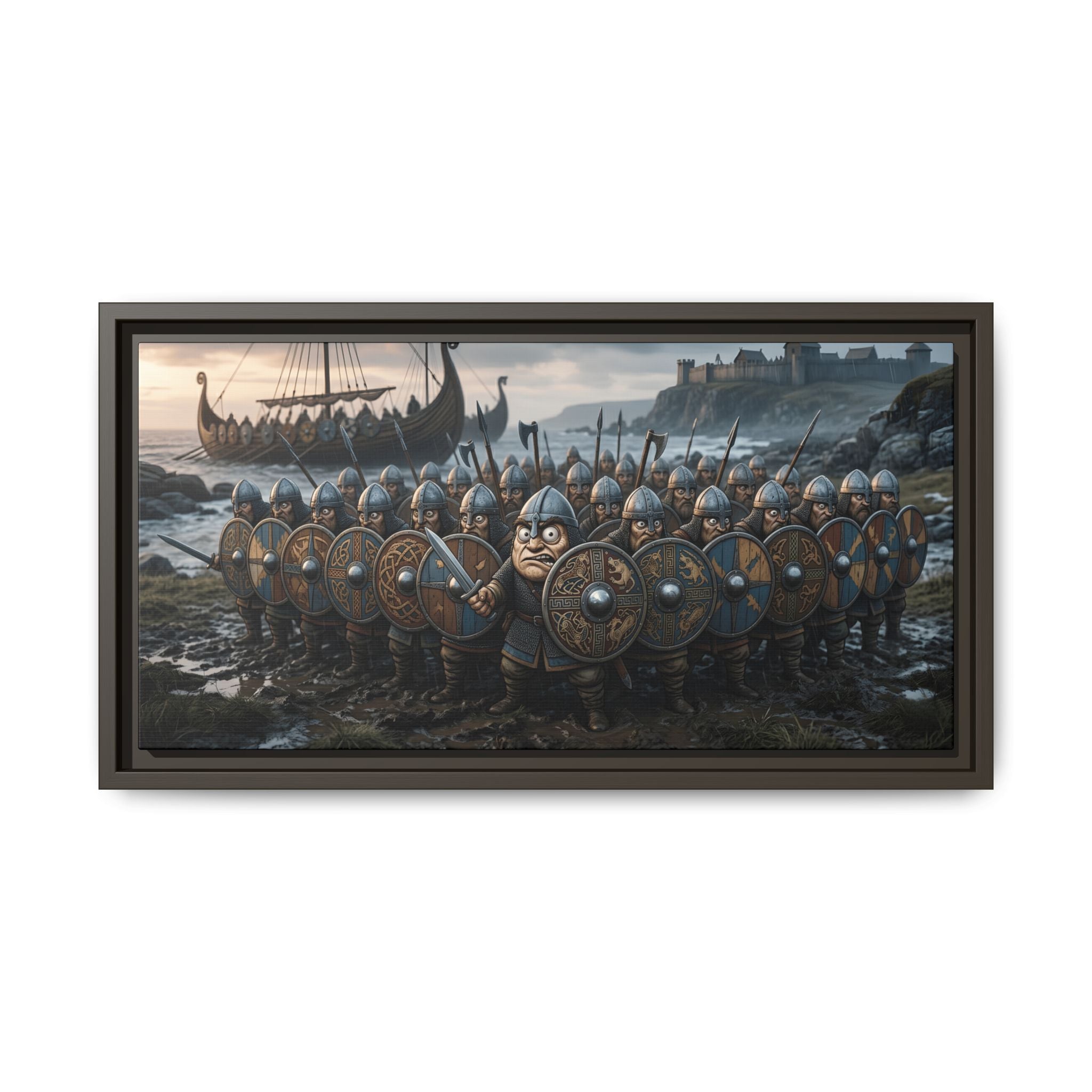 Viking Shieldwall on the Shore — Caricature Framed Canvas Print | Norse Coastal Wall Art