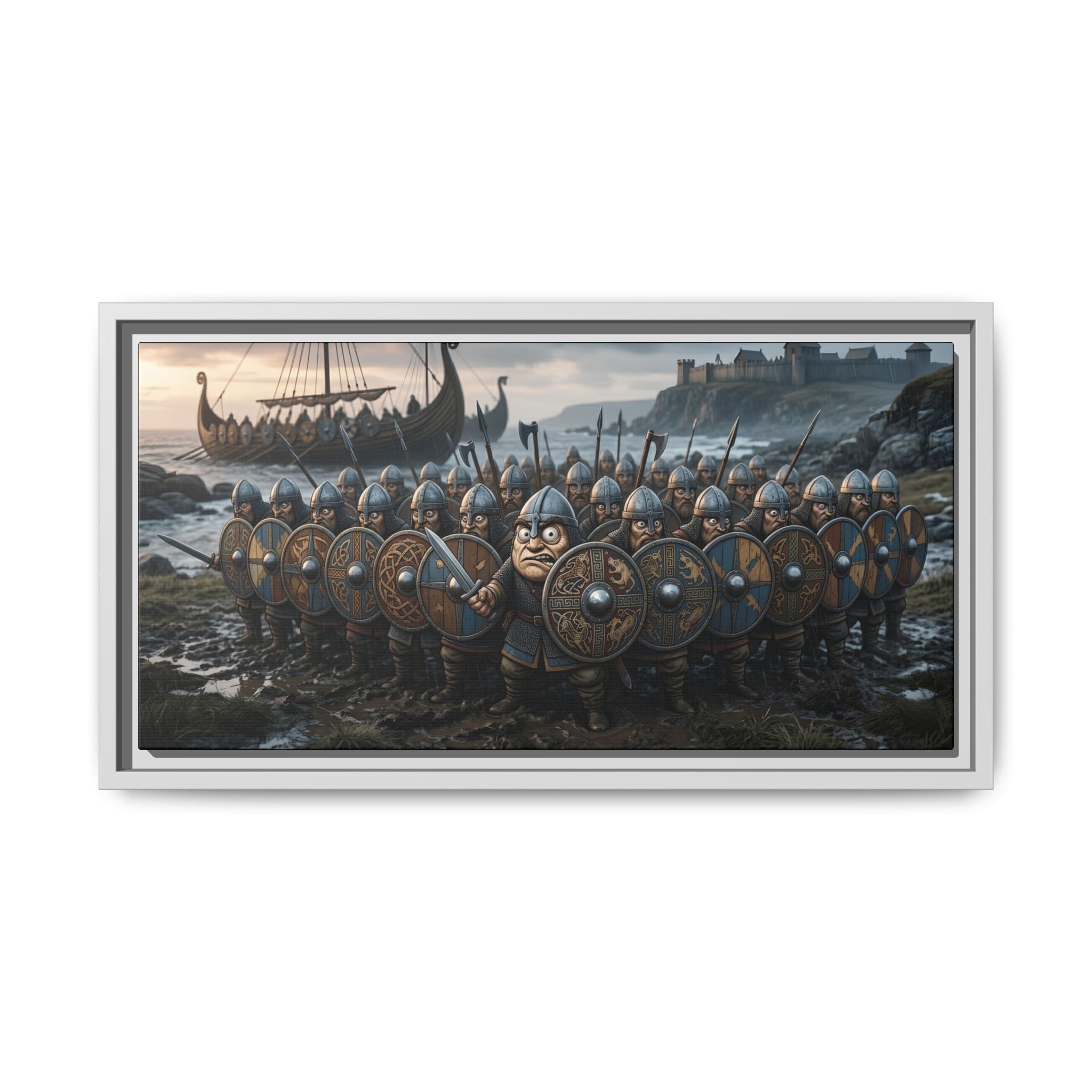 Viking Shieldwall on the Shore — Caricature Framed Canvas Print | Norse Coastal Wall Art