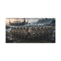 Viking Shieldwall on the Shore — Caricature Canvas Print | Norse Coastal Wall Art