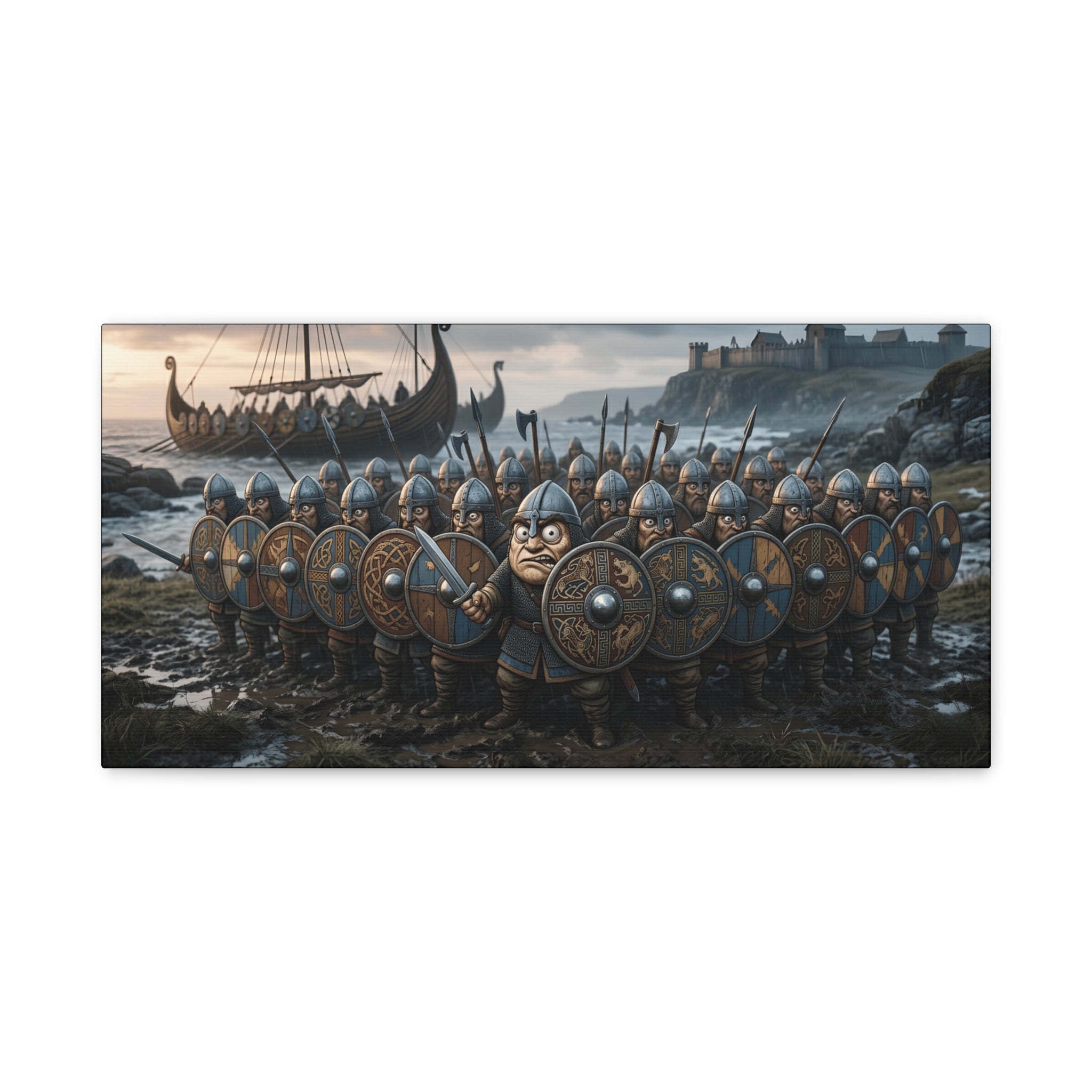 Viking Shieldwall on the Shore — Caricature Canvas Print | Norse Coastal Wall Art