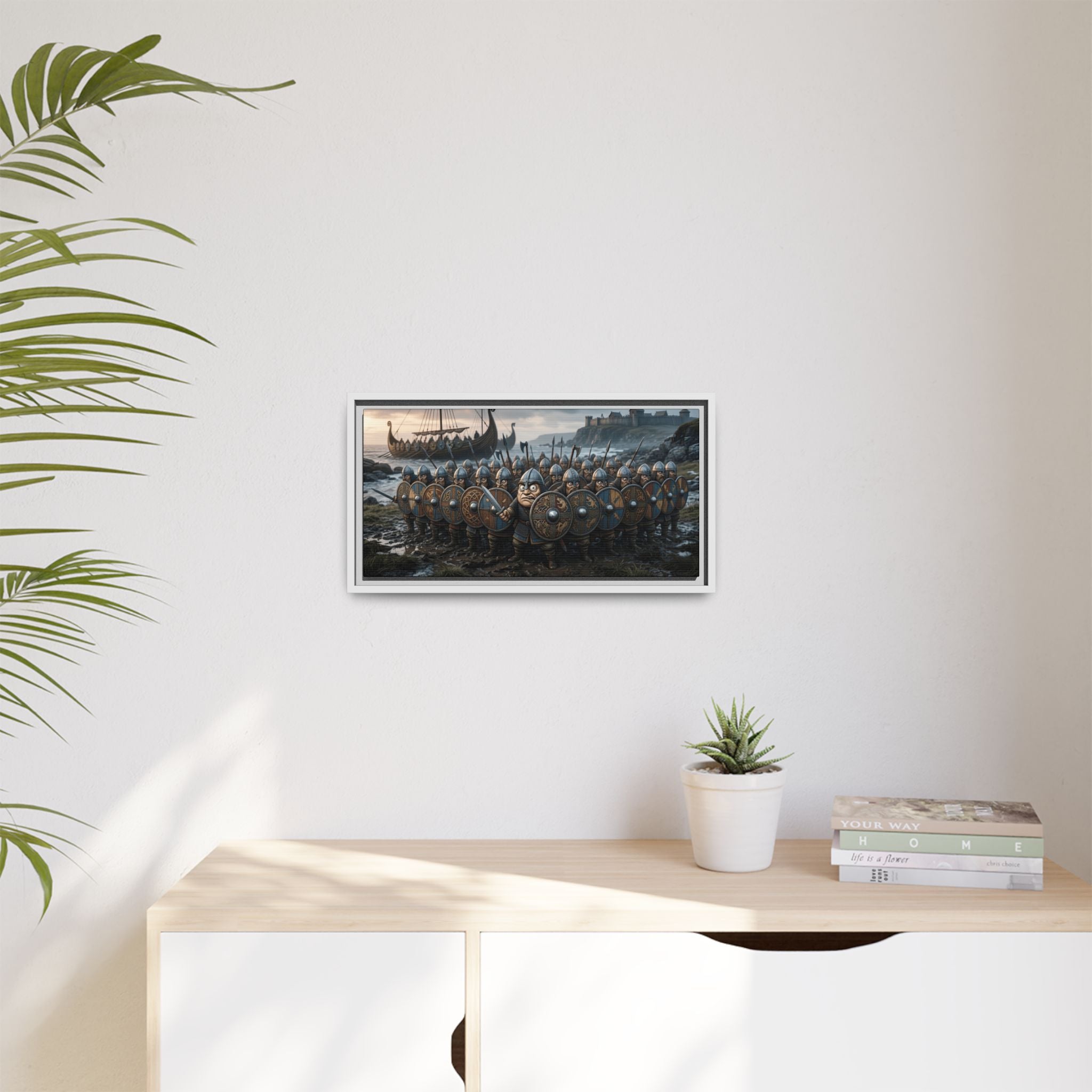 Viking Shieldwall on the Shore — Caricature Framed Canvas Print | Norse Coastal Wall Art