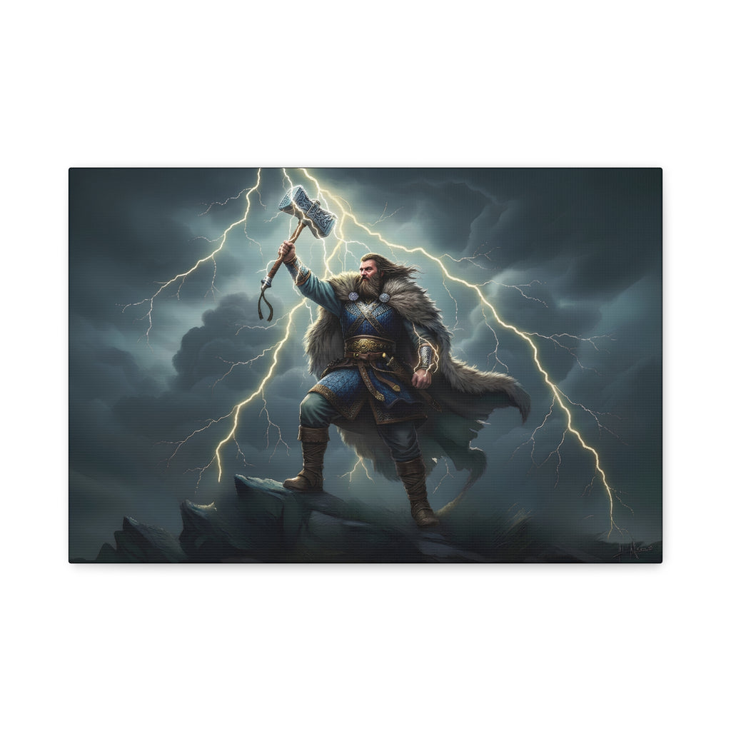 Thunor Anglo-Saxon Thunder God Canvas Print — hammer warrior and lightning wall art, 18″×12″ matte stretched canvas | The Shield Wall