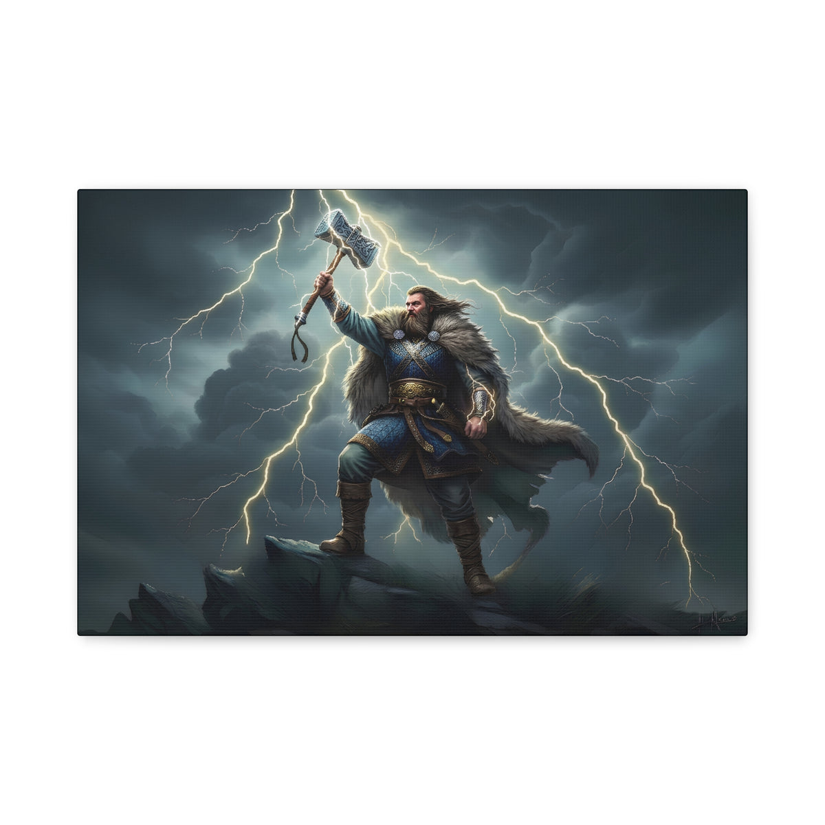 Thunor Anglo-Saxon Thunder God Canvas Print — hammer warrior and lightning wall art, 18″×12″ matte stretched canvas | The Shield Wall