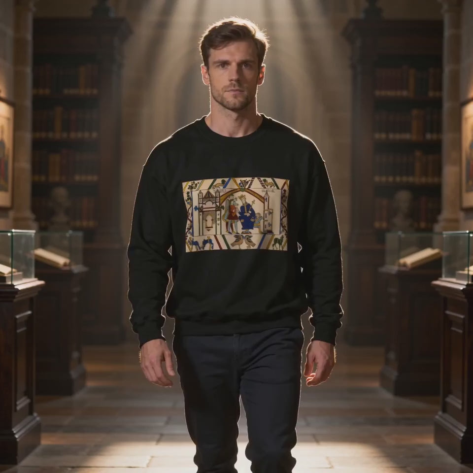 King Edward the Confessor — Bayeux Tapestry Heritage Sweatshirt, model wearing Black colourway